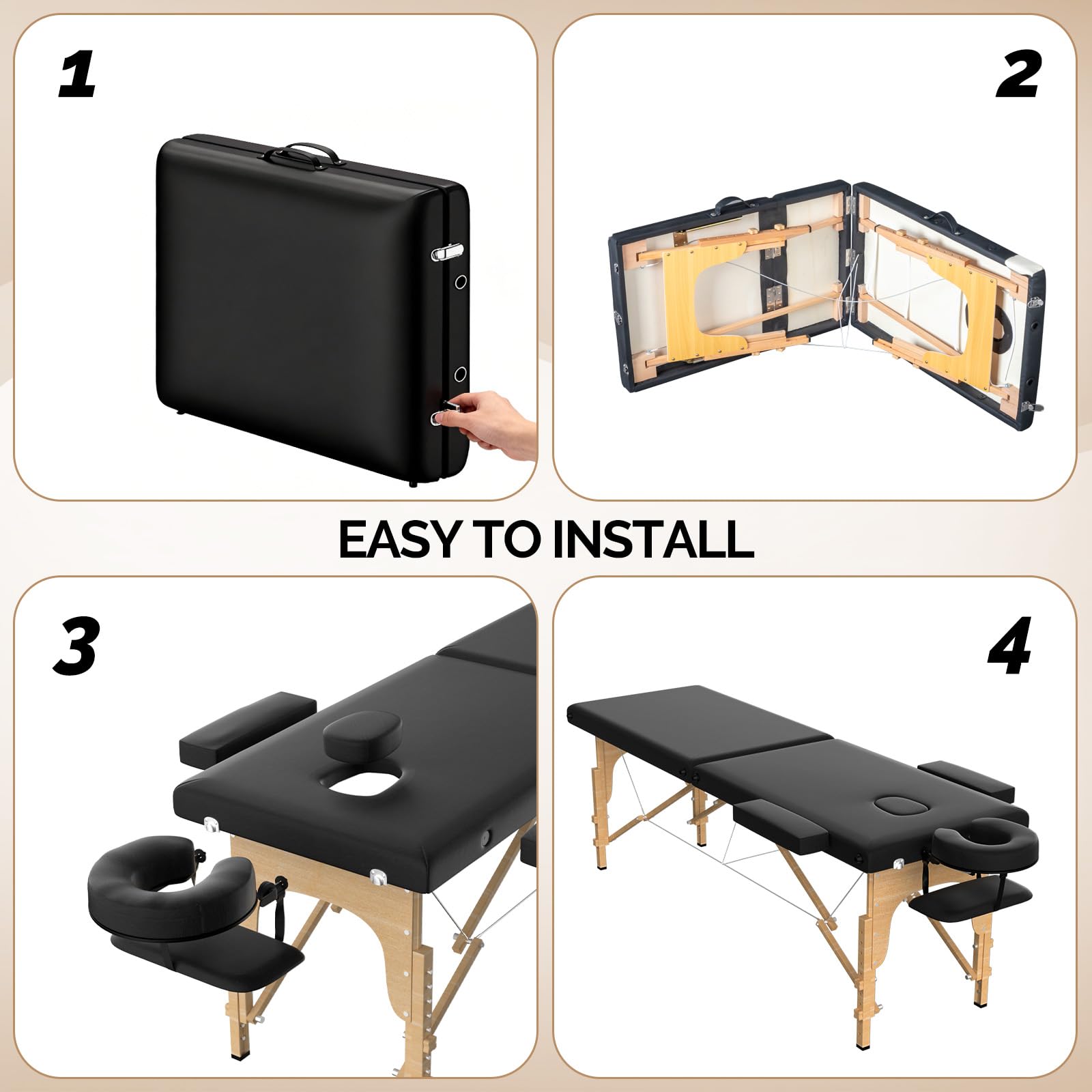 OmySalon Massage Table Portable Massage Bed, 84" x 24" Salon SPA Tattoo Facial Bed Lash Table Height Adjustable with Carrying Bag, Face Cradle & Wooden Frame (Black, 2-Fold) - Image 3