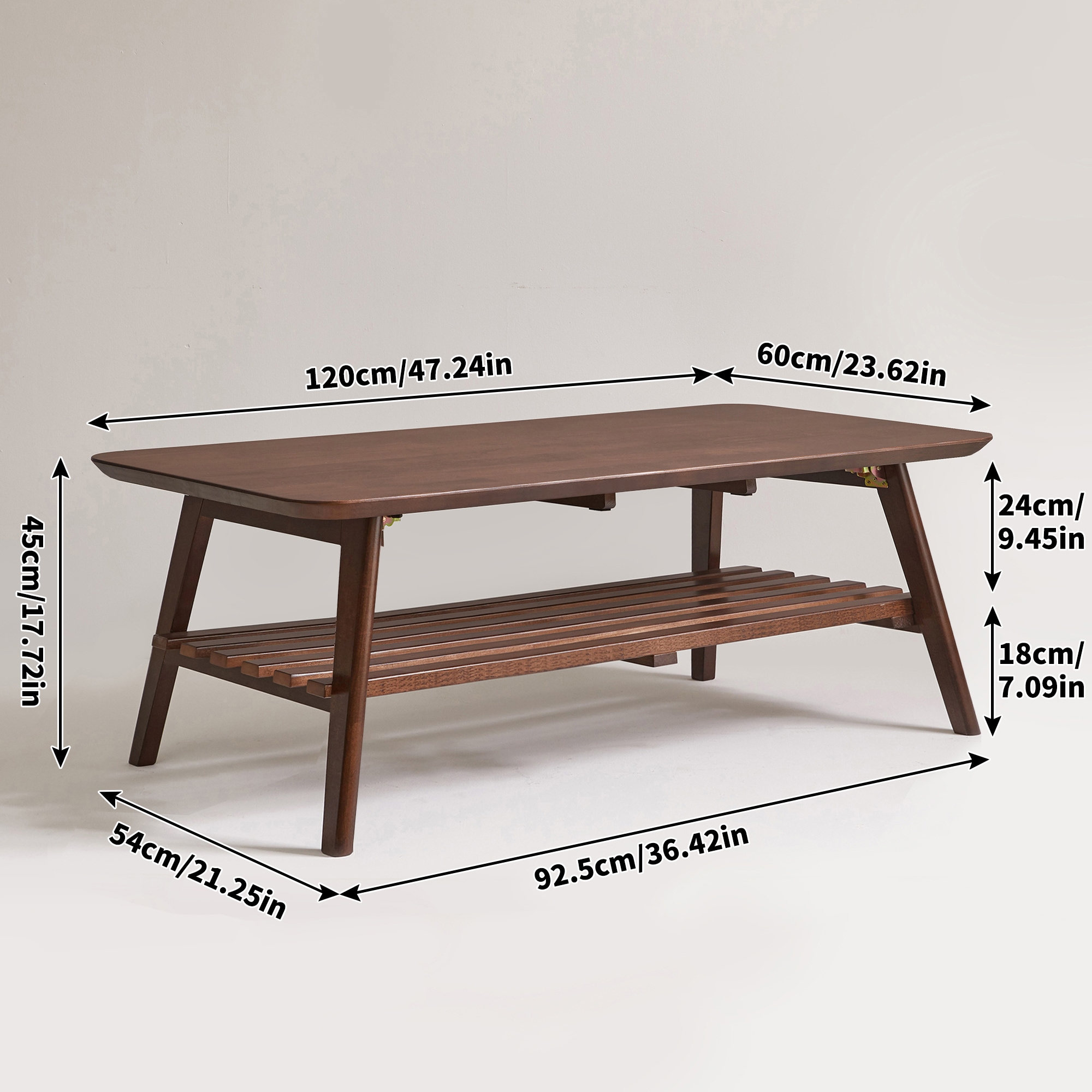 Bybafun Midcentury Wood Brown Rubberwood 47.24-in W x 17.72-in H Coffee Table - Image 6
