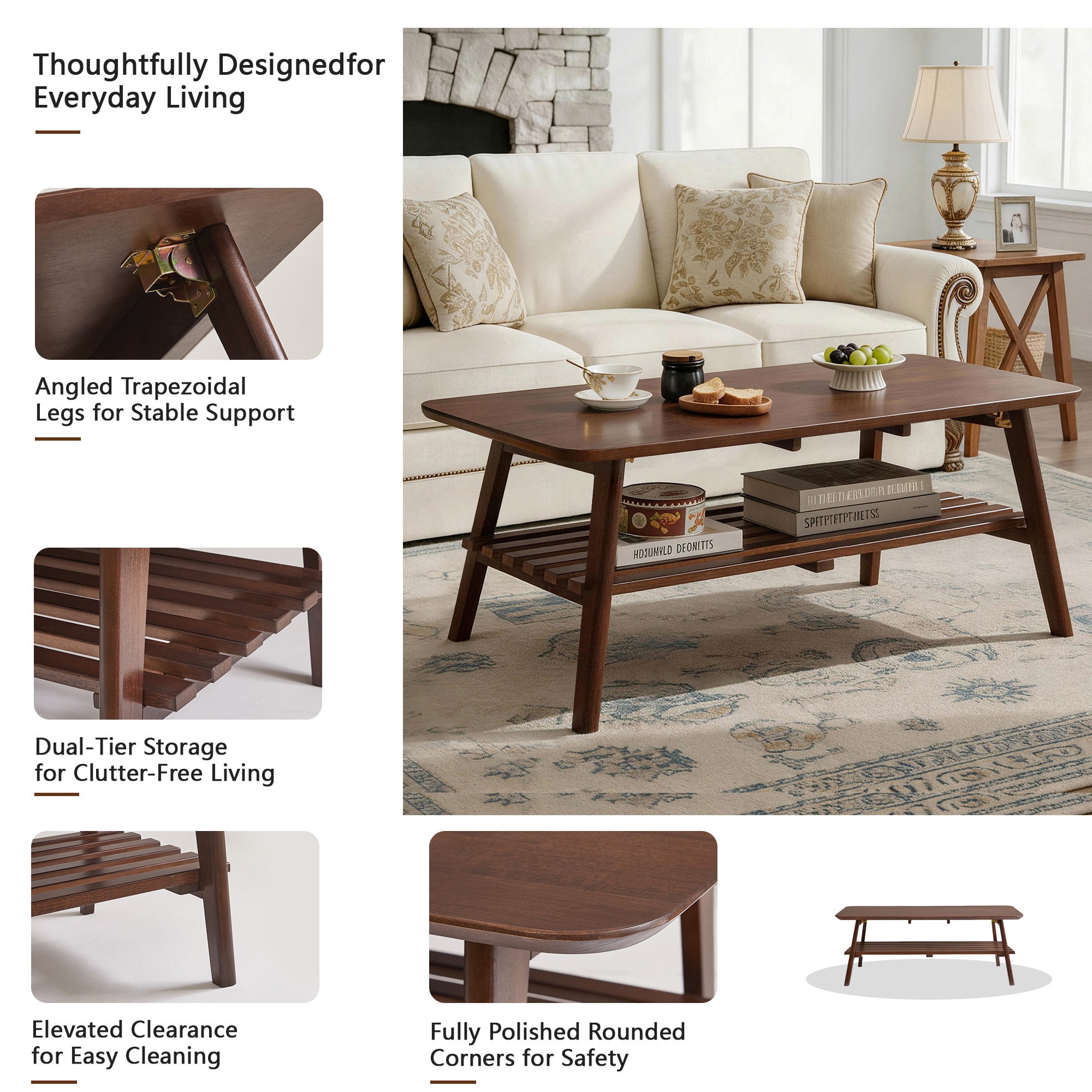 Bybafun Midcentury Wood Brown Rubberwood 47.24-in W x 17.72-in H Coffee Table - Image 5