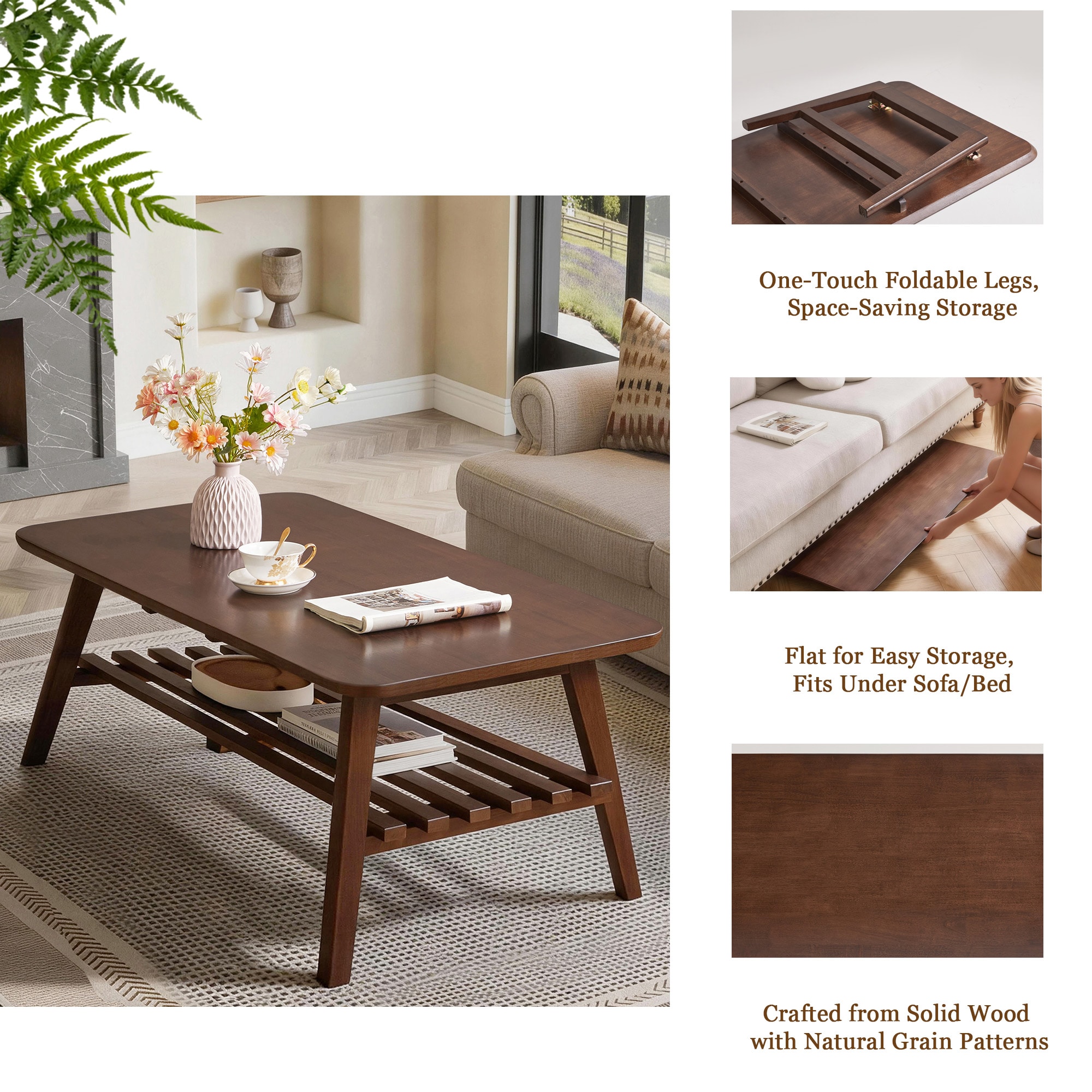 Bybafun Midcentury Wood Brown Rubberwood 47.24-in W x 17.72-in H Coffee Table - Image 7