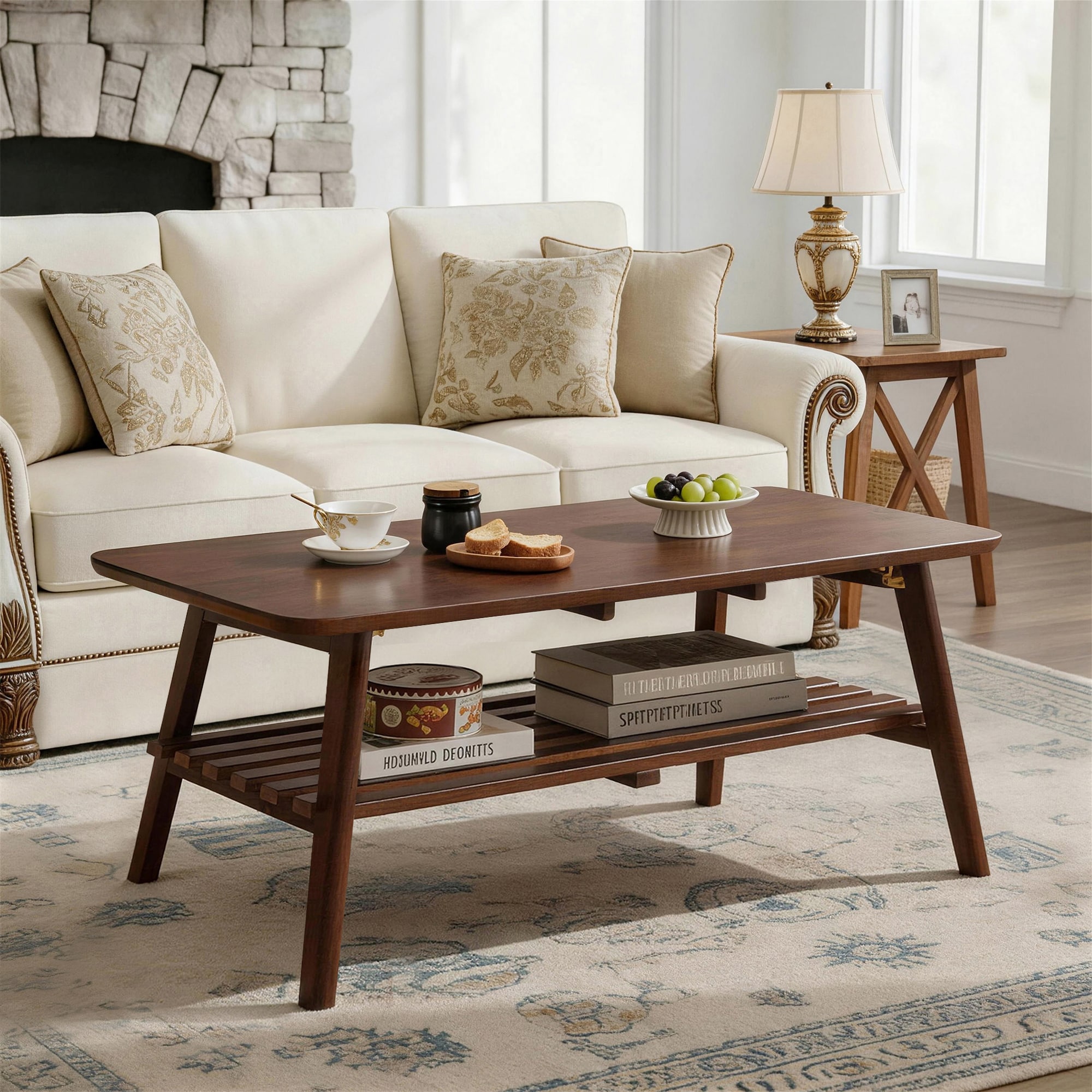 Bybafun Midcentury Wood Brown Rubberwood 47.24-in W x 17.72-in H Coffee Table - Image 2