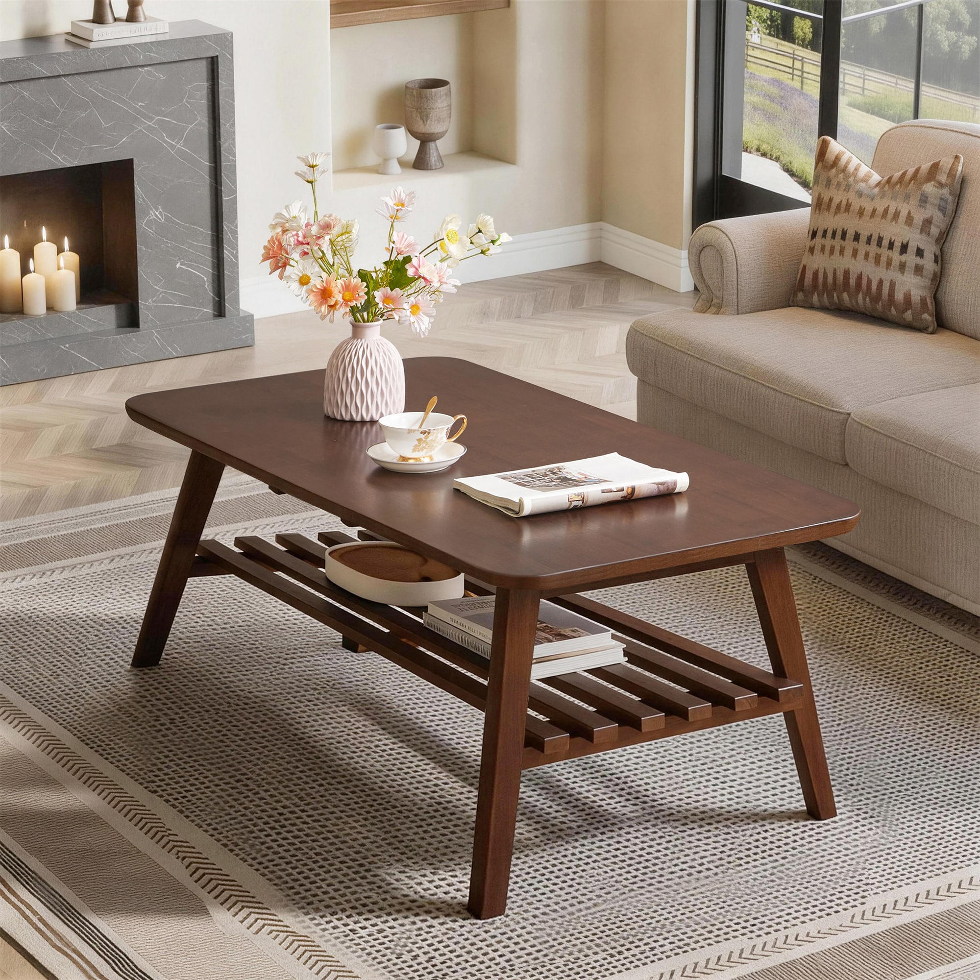 Bybafun Midcentury Wood Brown Rubberwood 47.24-in W x 17.72-in H Coffee Table - Image 3