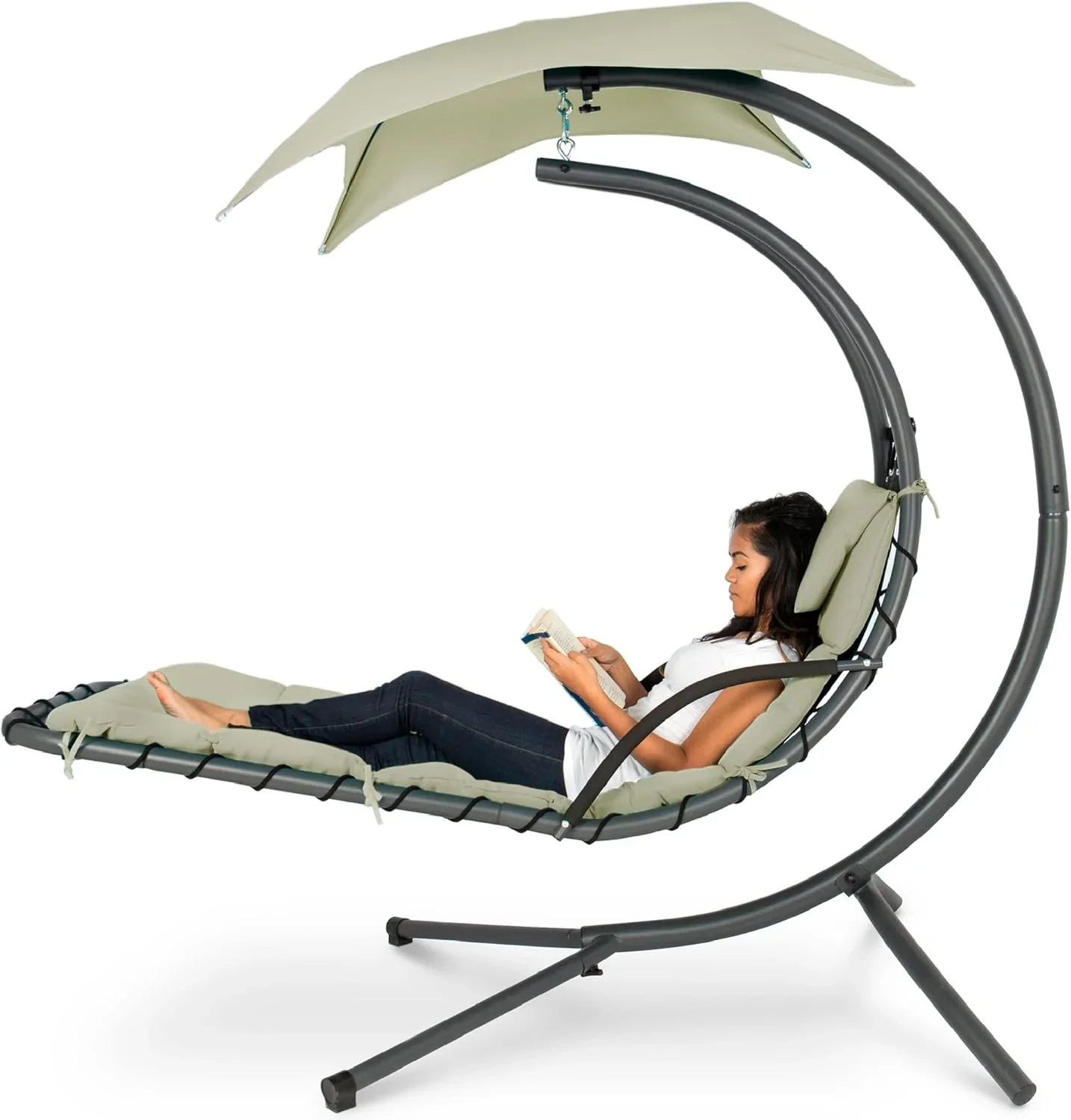 Best Choice Products Outdoor Hanging Curved Steel Chaise Lounge Chair Swing w/Built-in Pillow and Removable Canopy - Charcoal Gray - Image 8