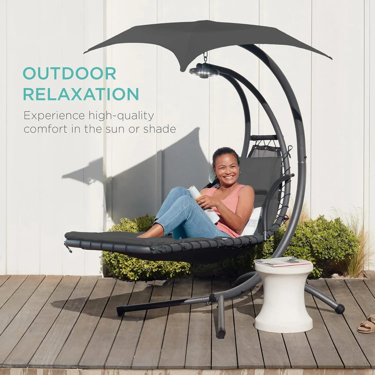 Best Choice Products Outdoor Hanging Curved Steel Chaise Lounge Chair Swing w/Built-in Pillow and Removable Canopy - Charcoal Gray - Image 57