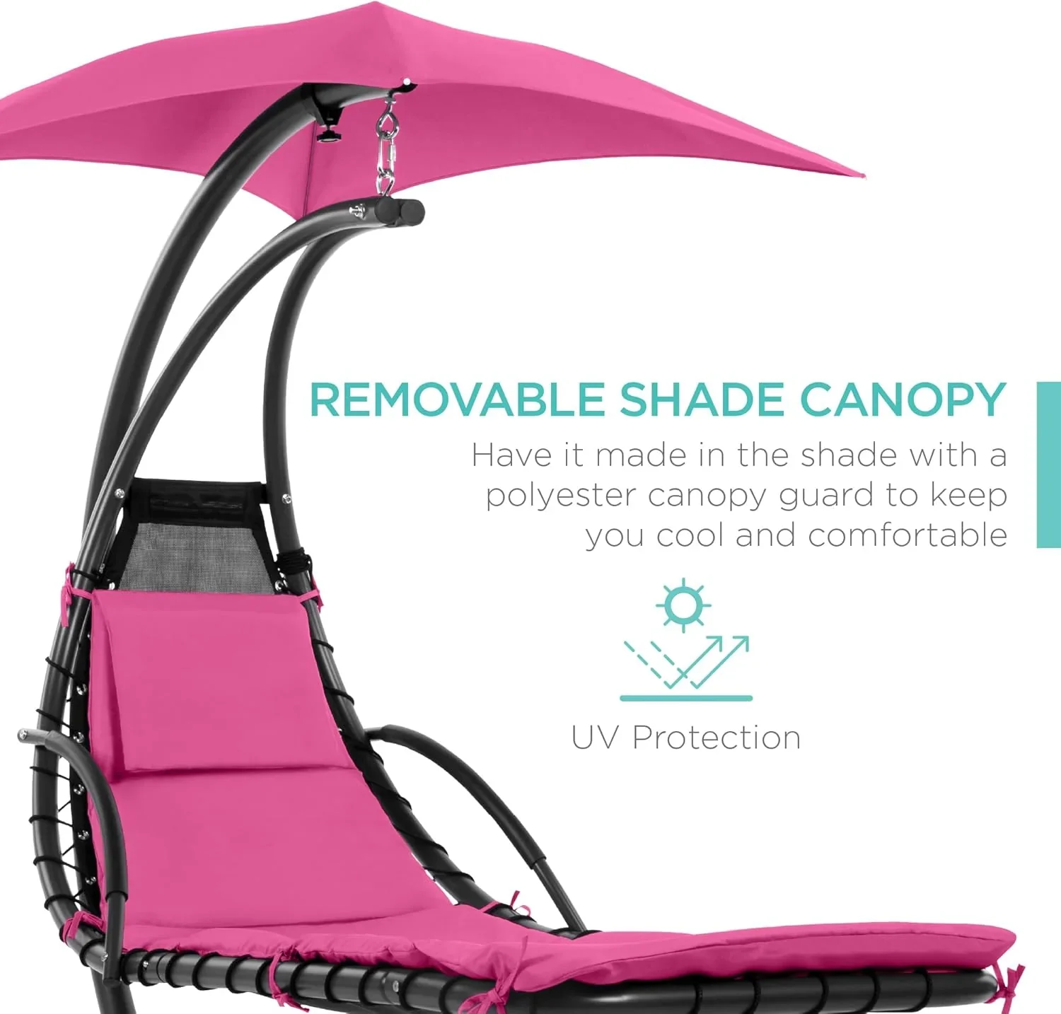 Best Choice Products Outdoor Hanging Curved Steel Chaise Lounge Chair Swing w/Built-in Pillow and Removable Canopy - Charcoal Gray - Image 47