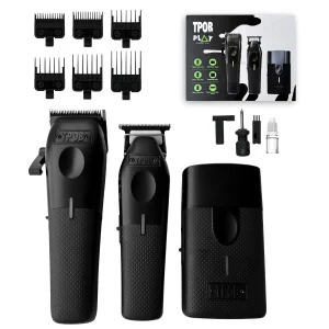 TPOB Play Professional Hair Clippers Trimmer and Shaver Set for Men — 7500 RPM Barber Clipper, Precision Trimmer & Foil Shaver, Cordless Rechargeable 3-Piece Kit with Rubber Grips (Blackout 3 Set)