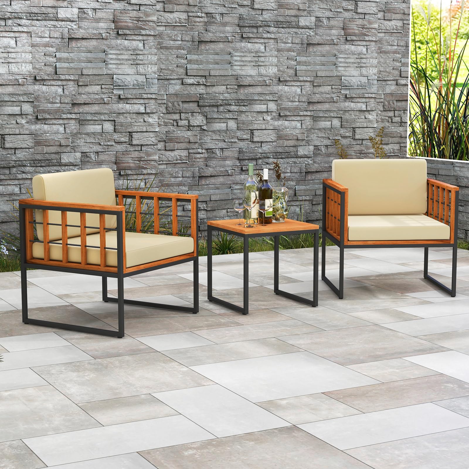 Tangkula 3 Pieces Patio Chair Set, Acacia Wood Outdoor Sofa Set with Metal Support - Image 2