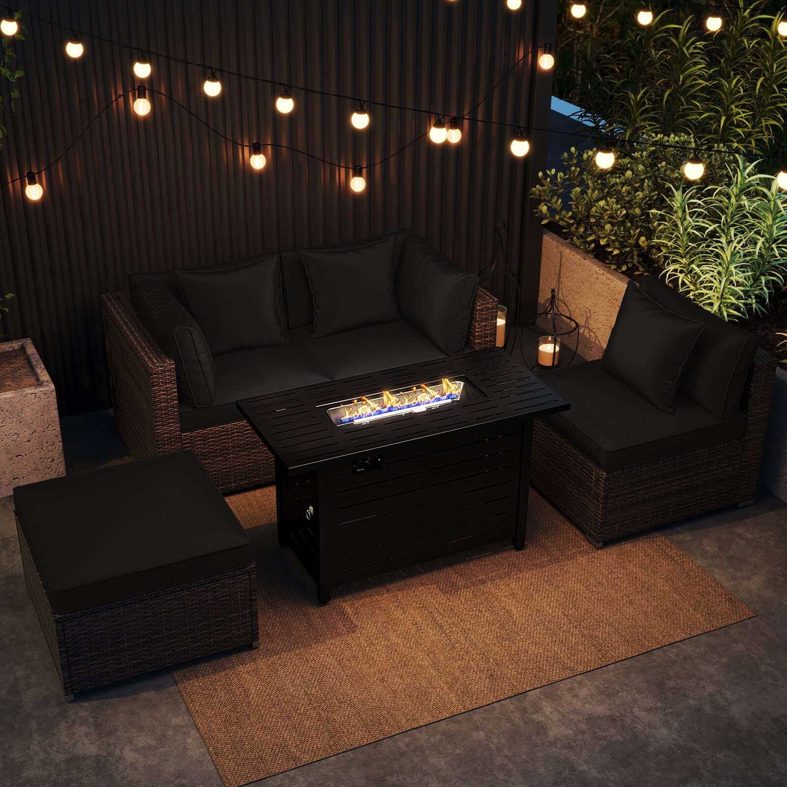 Costway 5 PCS Patio Furniture Set Heavy-duty Frame Rattan Sofa Set with 60000 BTU Firepit Table Black - Image 4