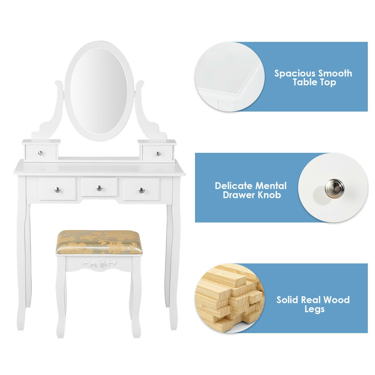 Costway Vanity Table Dressing Table 5 Make Up Table Stool White - Image 9