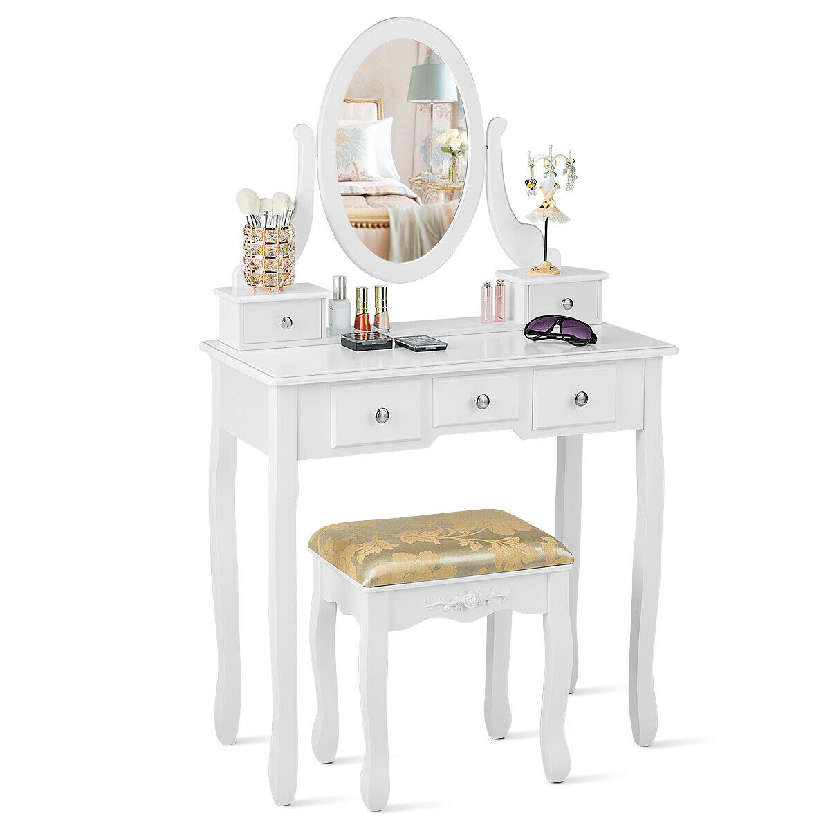 Costway Vanity Table Dressing Table 5 Make Up Table Stool White - Image 11