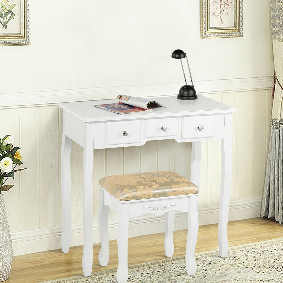 Costway Vanity Table Dressing Table 5 Make Up Table Stool White - Image 5