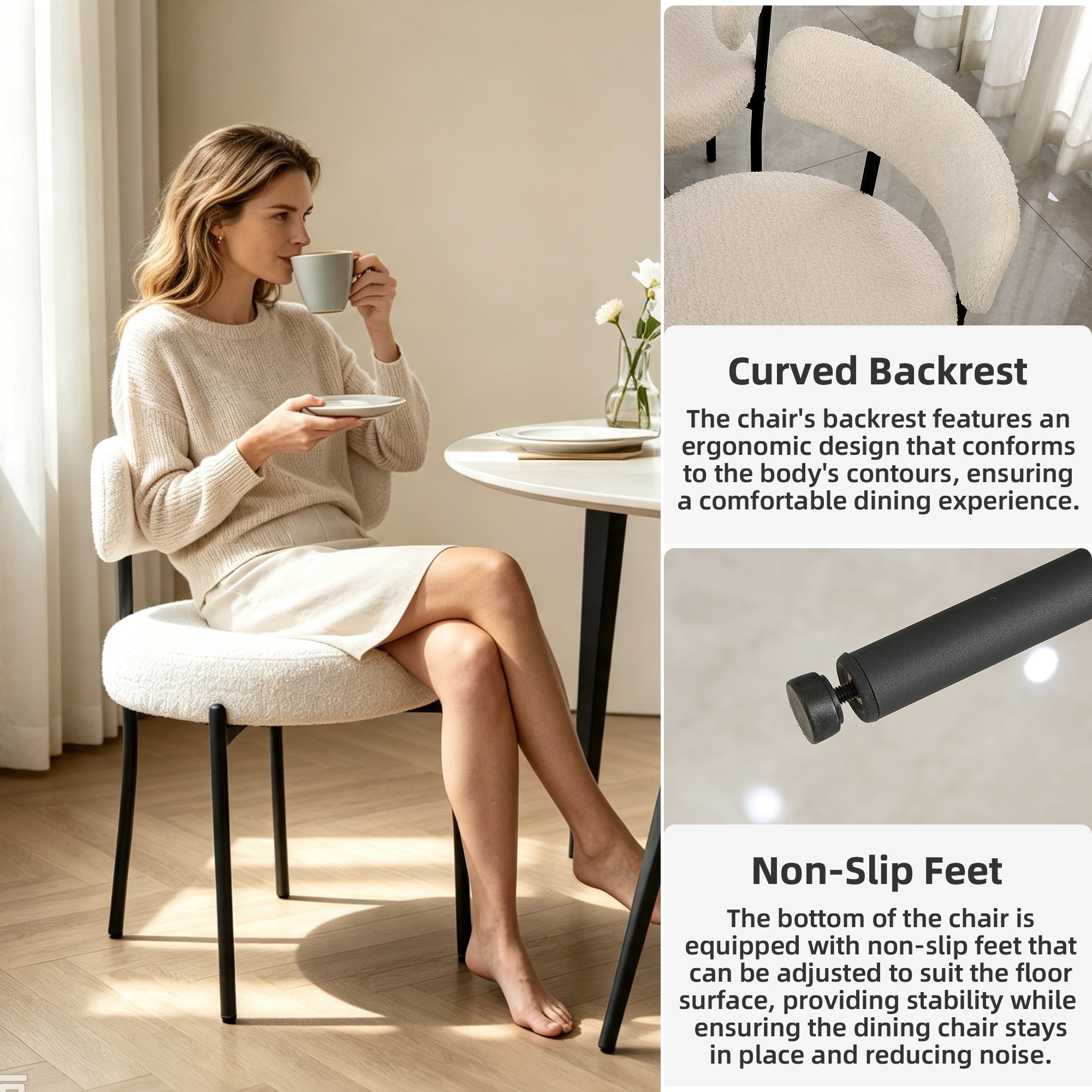 DYHOME Kitchen Chairs Modern Dining Chairs Set of 2 Kitchen Dining Room Chairs Boucle Upholstered Dining Chair White - Image 3