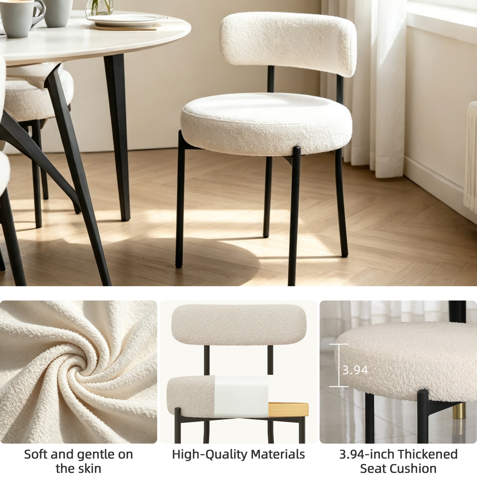 DYHOME Kitchen Chairs Modern Dining Chairs Set of 2 Kitchen Dining Room Chairs Boucle Upholstered Dining Chair White - Image 6