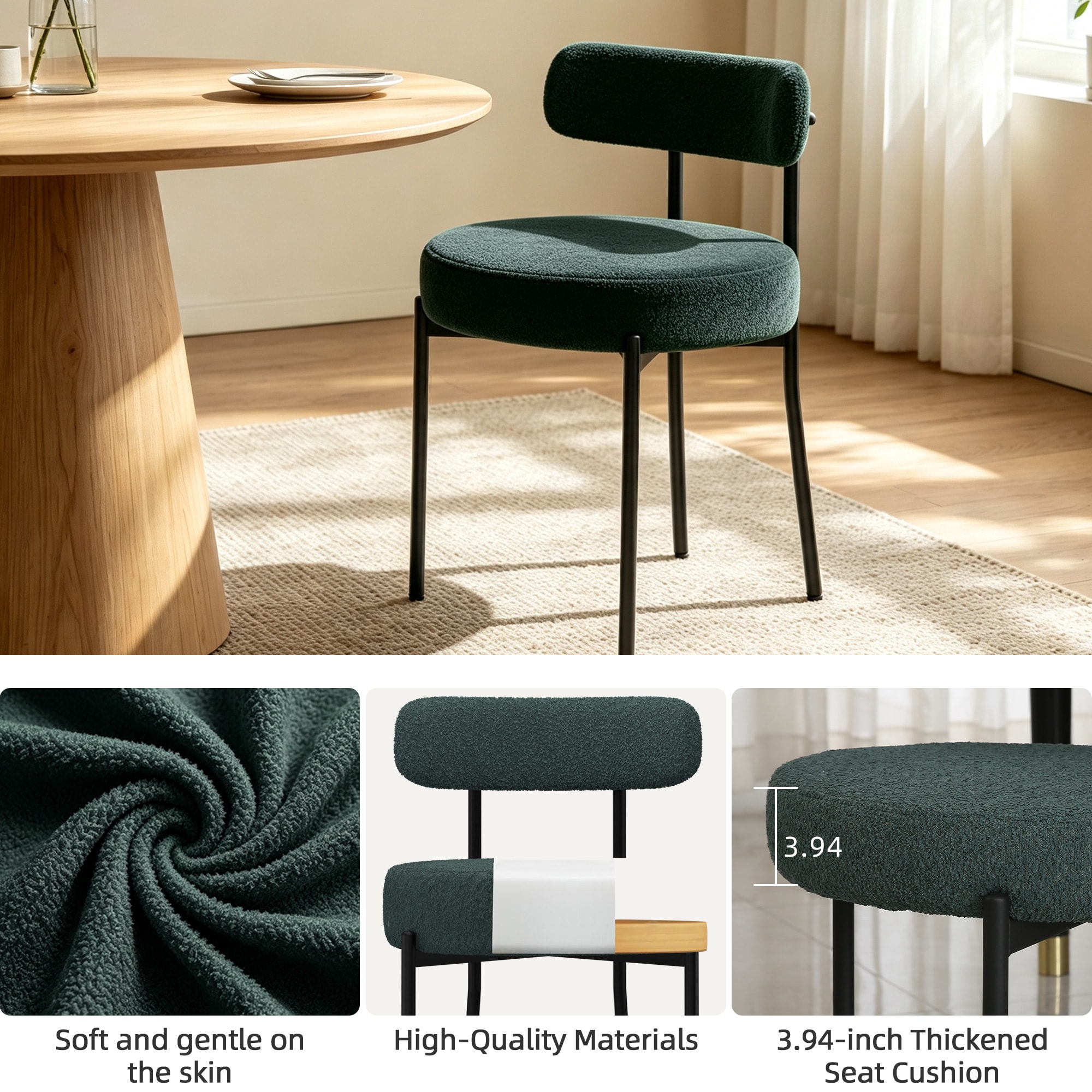 DYHOME Kitchen Chairs Modern Dining Chairs Set of 2 Kitchen Dining Room Chairs Boucle Upholstered Dining Chair Green - Image 6