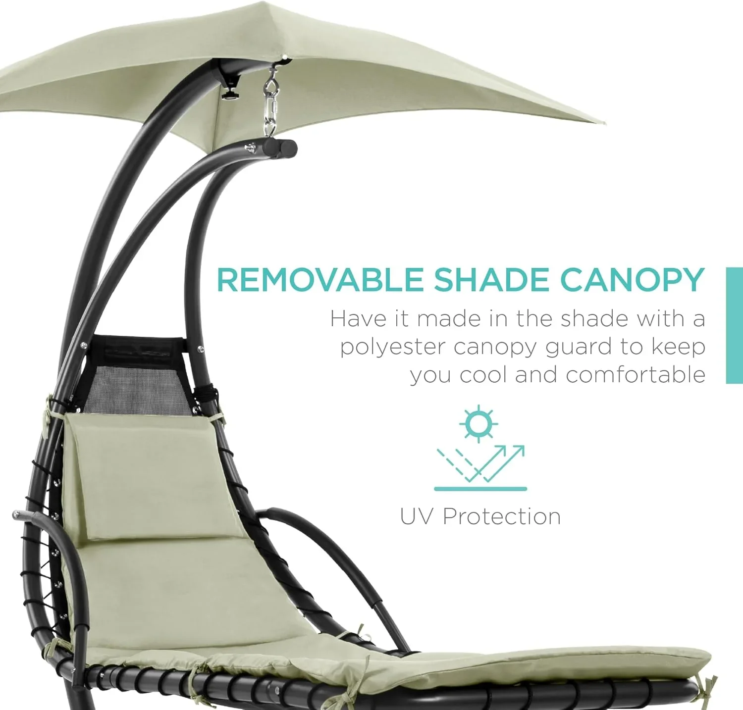 Best Choice Products Outdoor Hanging Curved Steel Chaise Lounge Chair Swing w/Built-in Pillow and Removable Canopy - Charcoal Gray - Image 98