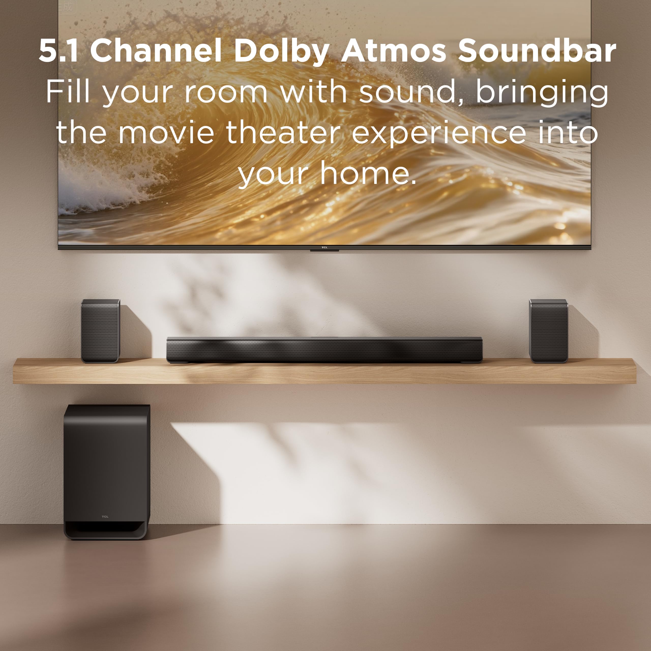 TCL S65K S Series 5.1 Channel Soundbar System with Dolby Atmos, DTS:X, Wireless Subwoofer, Wireless Surround Speakers, Bluetooth Music Streaming, and AI Sonic Auto Room Calibration - Image 2