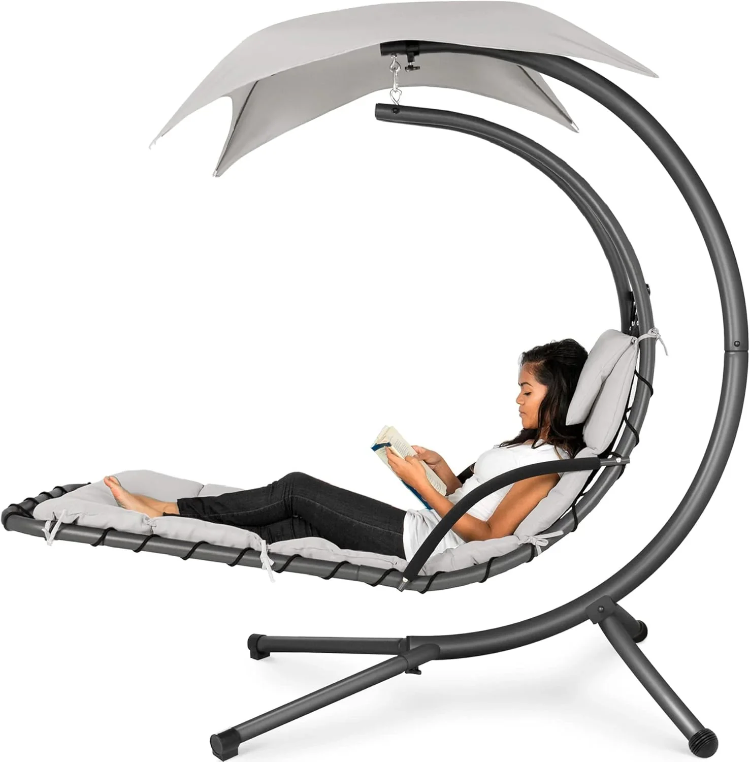 Best Choice Products Outdoor Hanging Curved Steel Chaise Lounge Chair Swing w/Built-in Pillow and Removable Canopy - Charcoal Gray - Image 14