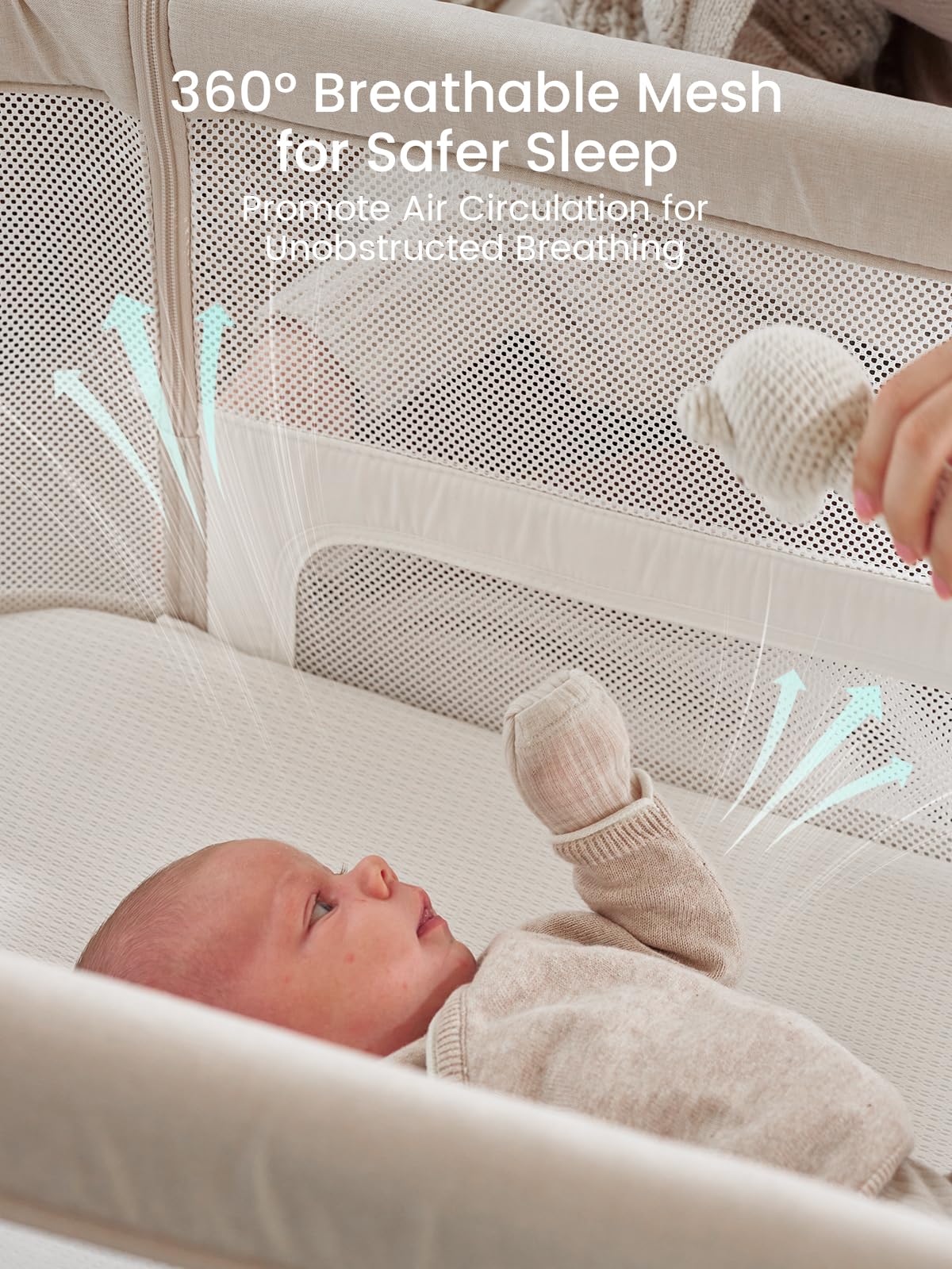 GROWNSY 5-in-1 Baby Bassinet Bedside Sleeper with Gentle Manual Rocking 6 Adjustable Heights, Full Breathable Mesh, Convertible to Portable Crib, Bassinets with Mattress & Wheels, Beige - Image 4