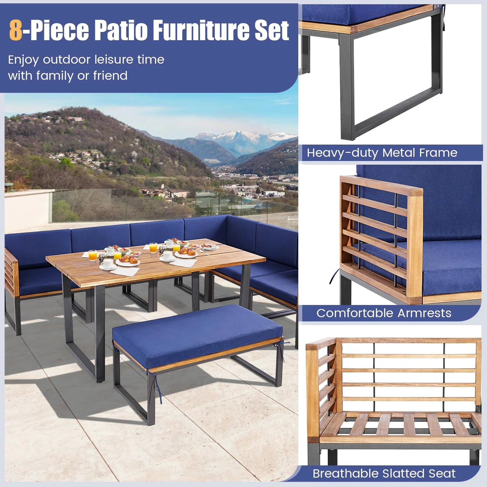 Tangkula 8 Piece Patio Dining Set, Acacia Wood Conversation Sofa Set - Image 9