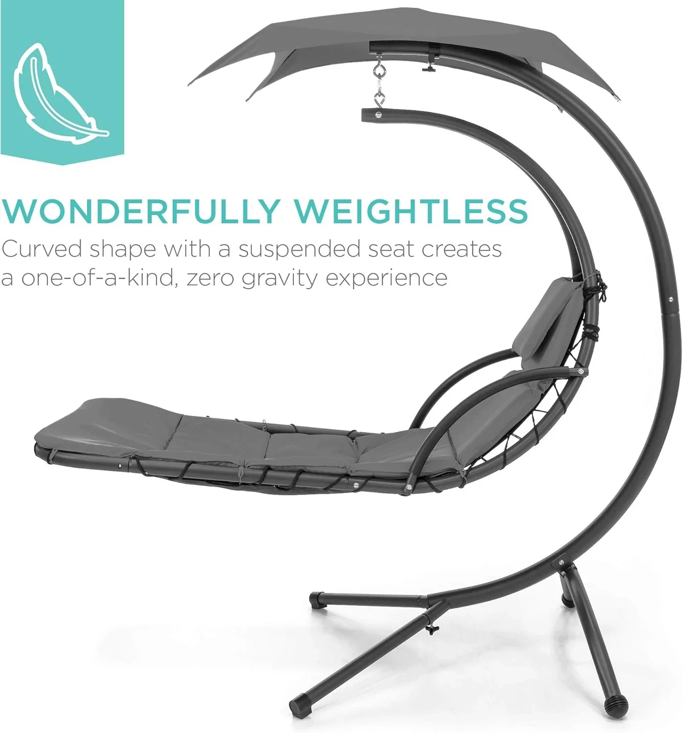 Best Choice Products Outdoor Hanging Curved Steel Chaise Lounge Chair Swing w/Built-in Pillow and Removable Canopy - Charcoal Gray - Image 52