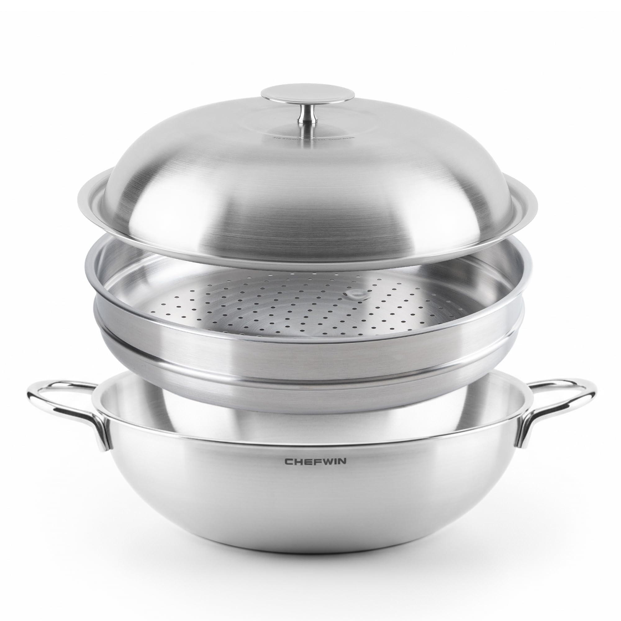 316 Stainless Steel Heavy Duty 12.6 inch 6.3 Quart Wok pan with Lid and Steamer, Stir Fry Pan, 5Ply, Induction Cookware, Dishwasher Safe, Oven Safe