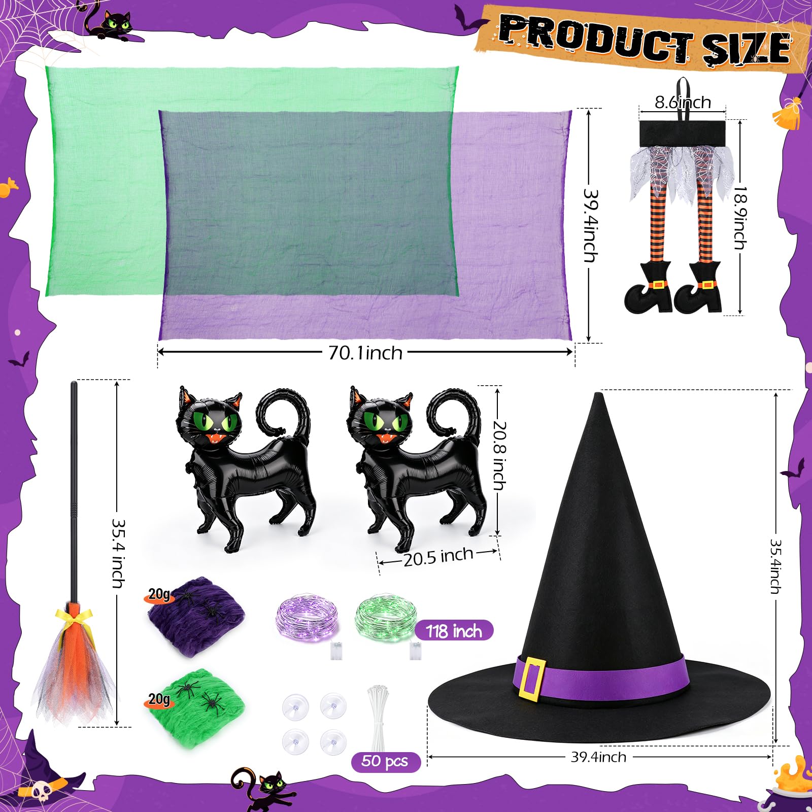 Tryly Halloween Golf Cart Decorations Kit, Witch Theme Halloween Car Decor Purple and Green Witch Theme with Striped Leg and Black Cats Balloon for Golf Cart Parades, Halloween and Party Car Displays Product gallery - Image 2