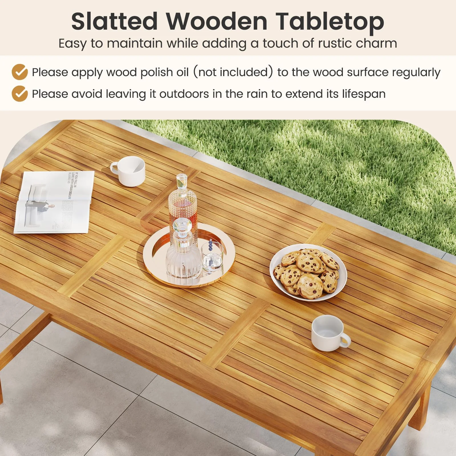 Tangkula 3 Piece Patio Dining Set 63” Outdoor Acacia Wood Rectangular Table with 2 Cushioned Bench - Image 6