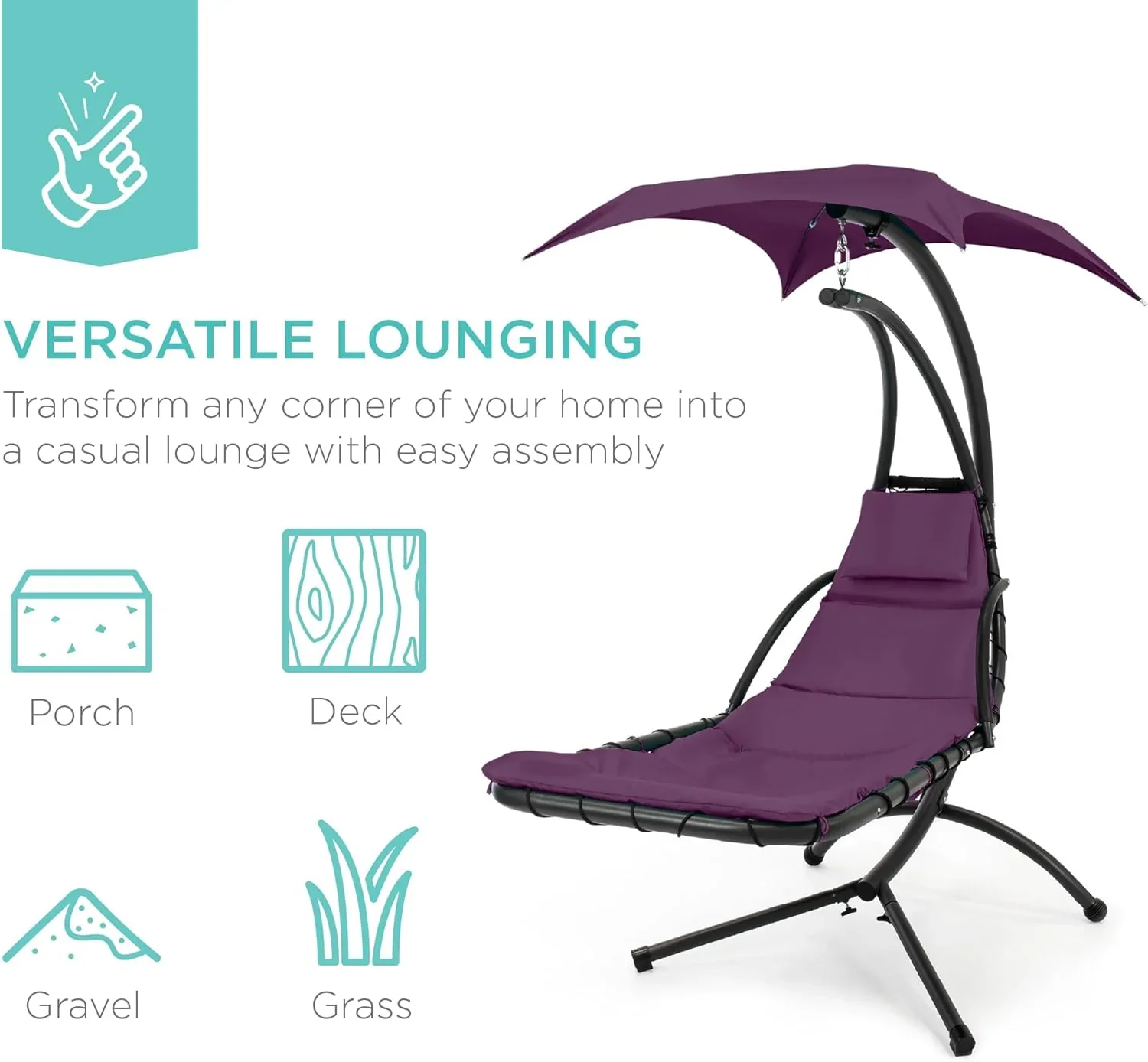 Best Choice Products Outdoor Hanging Curved Steel Chaise Lounge Chair Swing w/Built-in Pillow and Removable Canopy - Charcoal Gray - Image 68