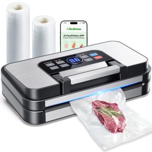 95kPa Precision Vacuum Sealer for Food with Dry/Moist Modes, 2X Strength Double Heat Seal, Dual-Pump Suction, Easy-Lock Handle, Food Sealer with Built-in Cutter & Bag Storage, Stainless Steel