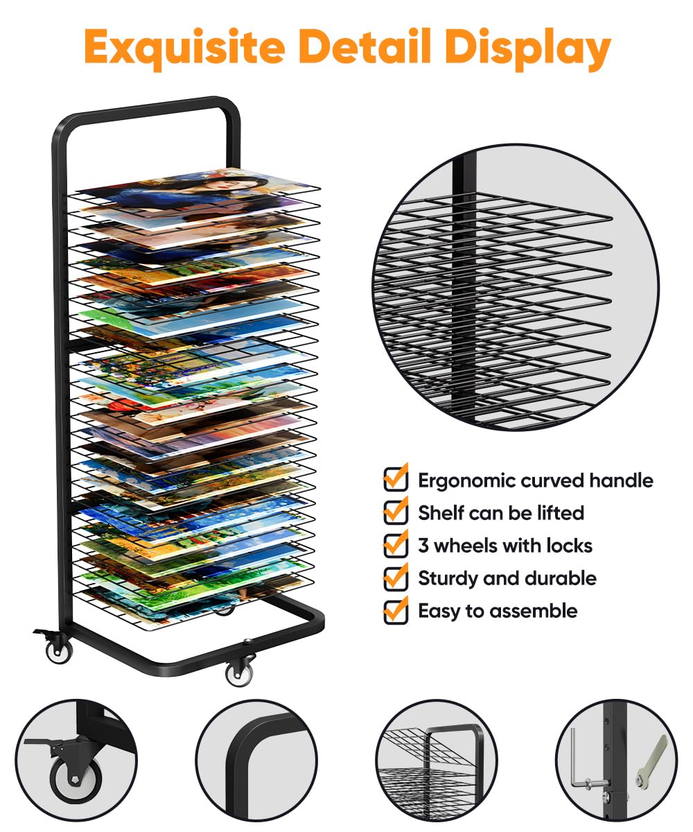Art Drying Rack with 25 Removable Shelves, Mobile Metal Paint Drying Stand with Lockable Wheels, Functional Canvas Rack Art Storage for Artwork in Classrooms, Art Studios and Schools, Black - Image 4