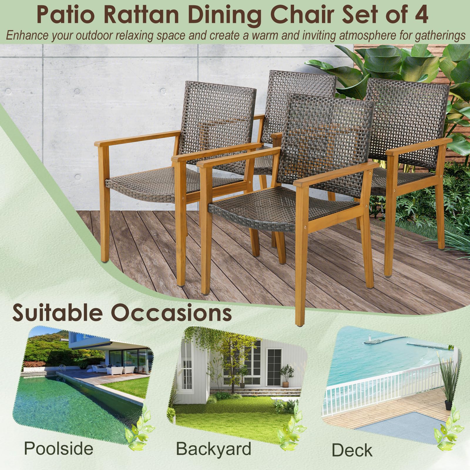 Tangkula 9 Pieces Patio Table and Chairs Set with Acacia Wood Expandable Table and 8 PE Rattan Armchairs - Image 8