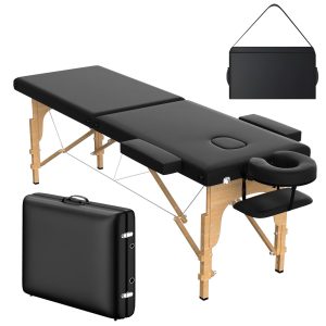 OmySalon Massage Table Portable Massage Bed, 84" x 24" Salon SPA Tattoo Facial Bed Lash Table Height Adjustable with Carrying Bag, Face Cradle & Wooden Frame (Black, 2-Fold)
