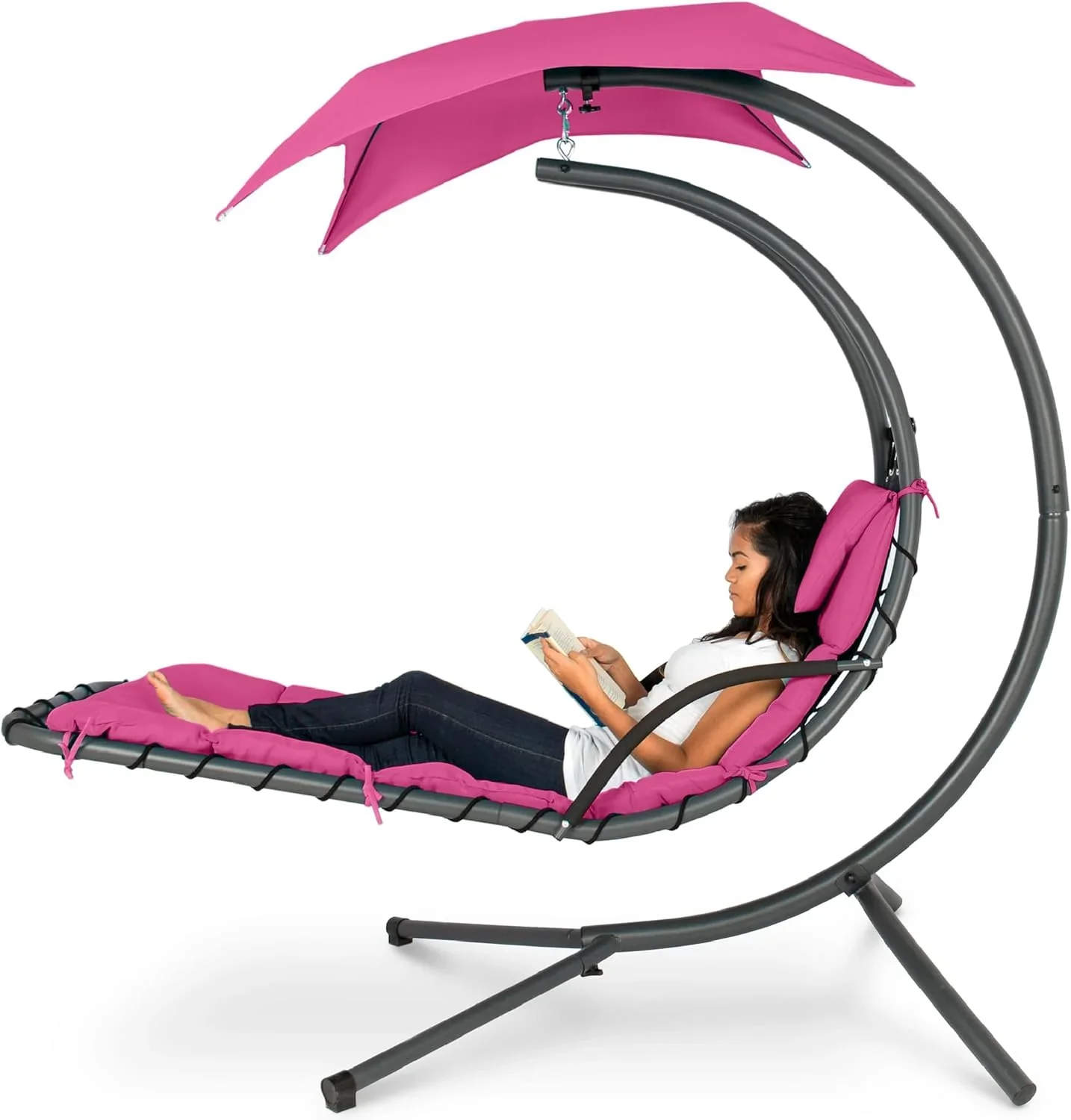 Best Choice Products Outdoor Hanging Curved Steel Chaise Lounge Chair Swing w/Built-in Pillow and Removable Canopy - Charcoal Gray - Image 6