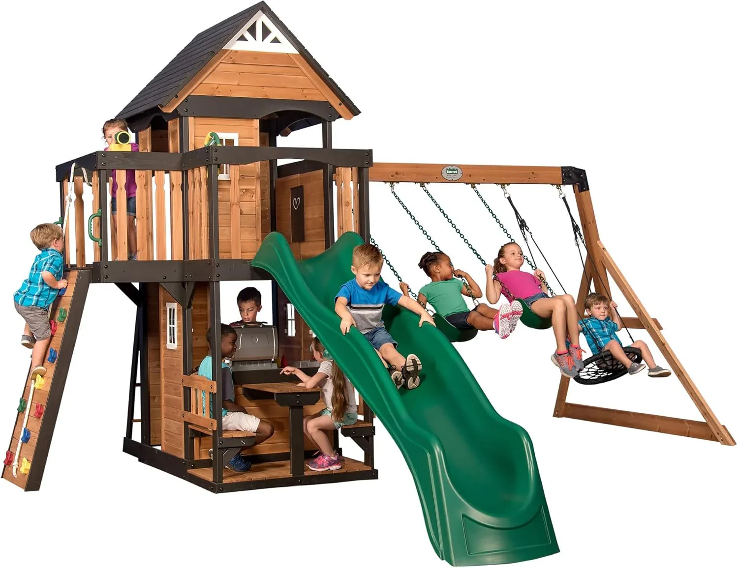 Canyon Creek Cedar Wood Swing Set with Wave Slide, Clubhouse, Play Kitchen, Picnic Area, Belt Swings, Web Swing, Rock Wall, Balconies, Playhouse, Step Ladder, Outdoor Playset - Image 5
