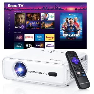 Aurzen Roku TV D1R Smart Portable Outdoor Projector with WiFi and Bluetooth Roku TV Built-in, All Top Apps, 1080P FHD, DoIby Audio, Auto Focus & Keystone, Zoom, Mini Projector for Home & Outdoor Movies