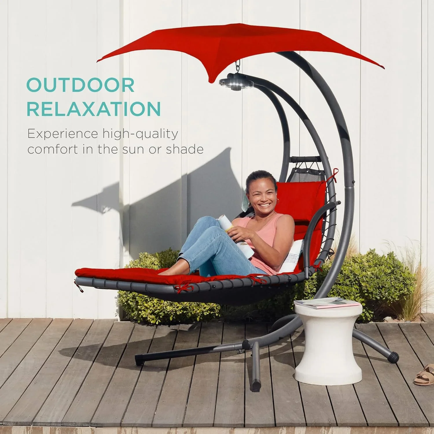 Best Choice Products Outdoor Hanging Curved Steel Chaise Lounge Chair Swing w/Built-in Pillow and Removable Canopy - Charcoal Gray - Image 95