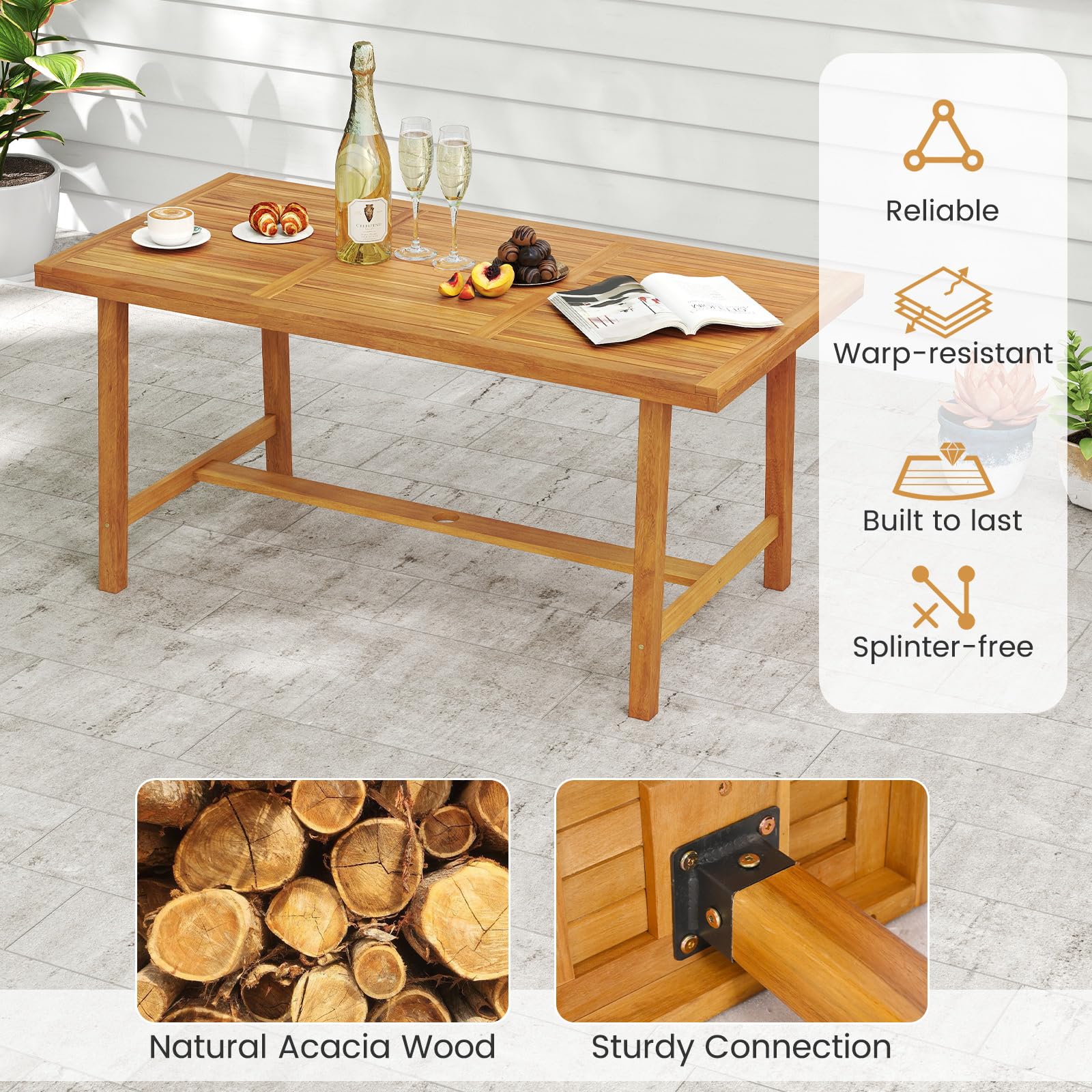 Tangkula 3 Piece Patio Dining Set 63” Outdoor Acacia Wood Rectangular Table with 2 Cushioned Bench - Image 5