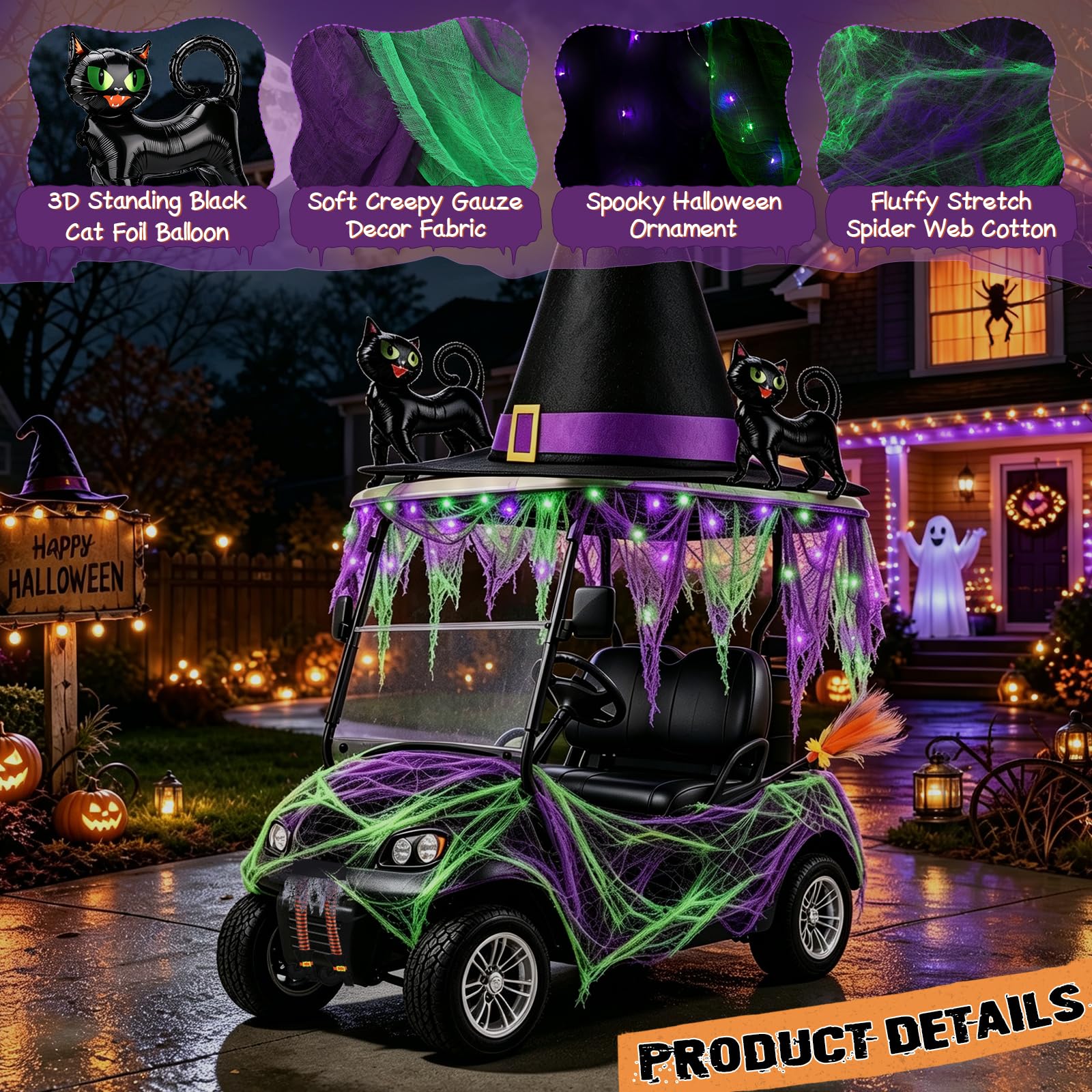 Tryly Halloween Golf Cart Decorations Kit, Witch Theme Halloween Car Decor Purple and Green Witch Theme with Striped Leg and Black Cats Balloon for Golf Cart Parades, Halloween and Party Car Displays Product gallery - Image 4