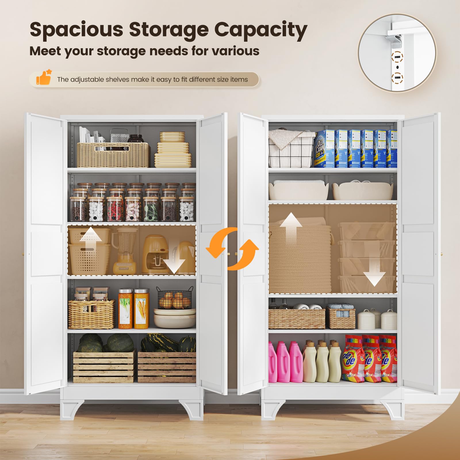 White Metal Pantry Storage Cabinet Tall Storage Cabinet Kitchen Pantry 75" Freestanding Cupboard for Kitchen Kitchen Pantry Storage Cabinet White Pantry Cabinet with Doors & 4 Adjustable Shelves - Image 4