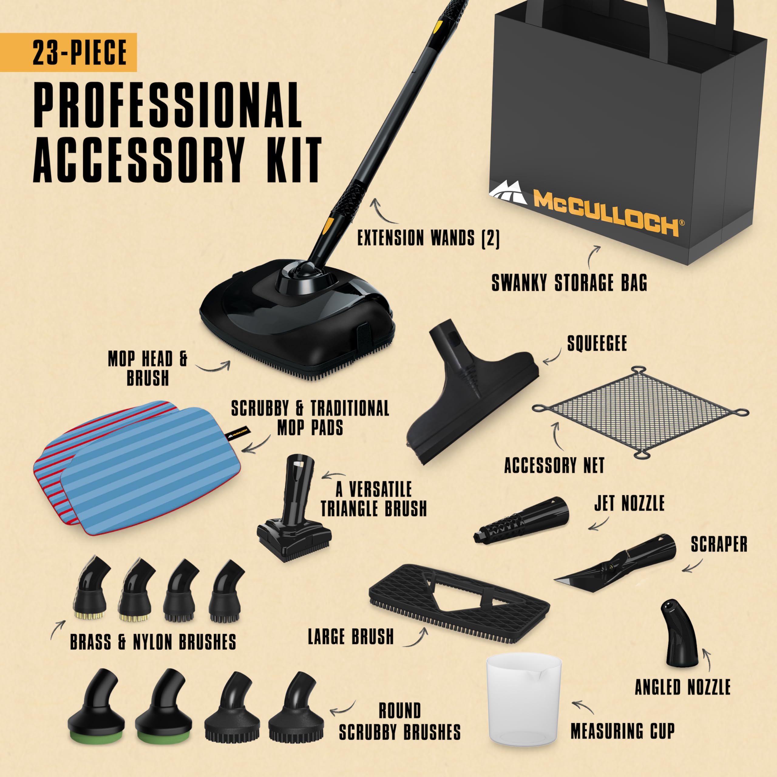 McCulloch MC1385 Canister Steam Cleaner, For Grout and Tile, 23 Accessories Mop Head, Brushes & More - Built for Home, Tile, Carpet, Furniture, & Personal Car Detailing - Image 3