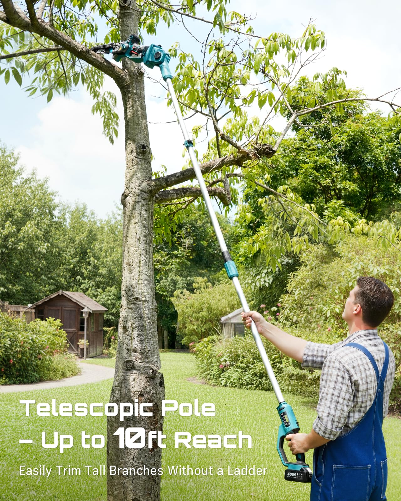 SEESII 10-Inch 2-in-1 Cordless Pole Saw & Mini Chainsaw,2 x 4.0Ah Batteries Brushless Handheld Chain Saw,Auto Oiling, Telescoping Pole with Pivoting Head and Adjustable Handle for High and Low Branches - Image 4