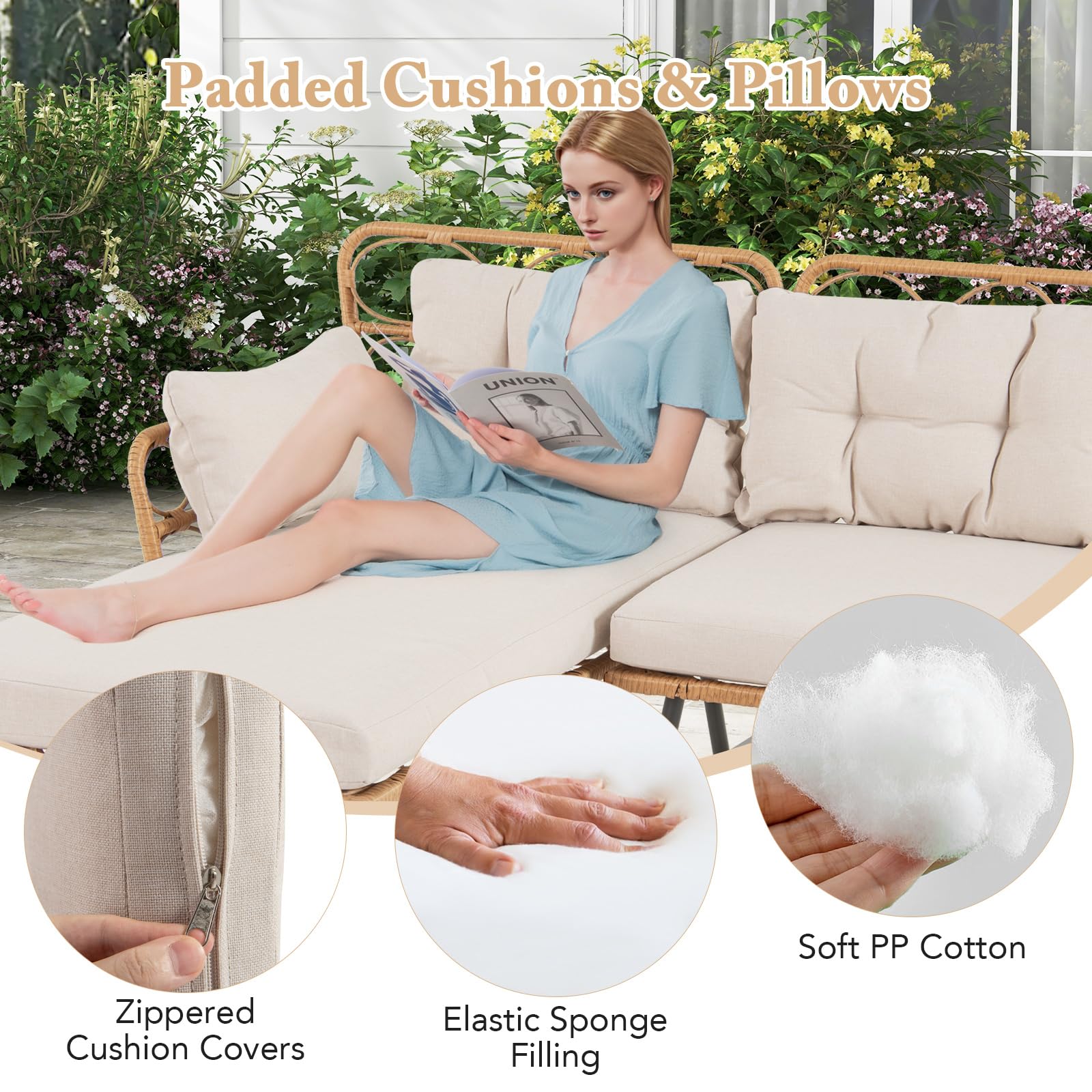 Tangkula 3 Pieces Corner Patio Furniture Set, PE Rattan L-Shaped Cushioned Sofa Set with Small Coffee Table - Image 4
