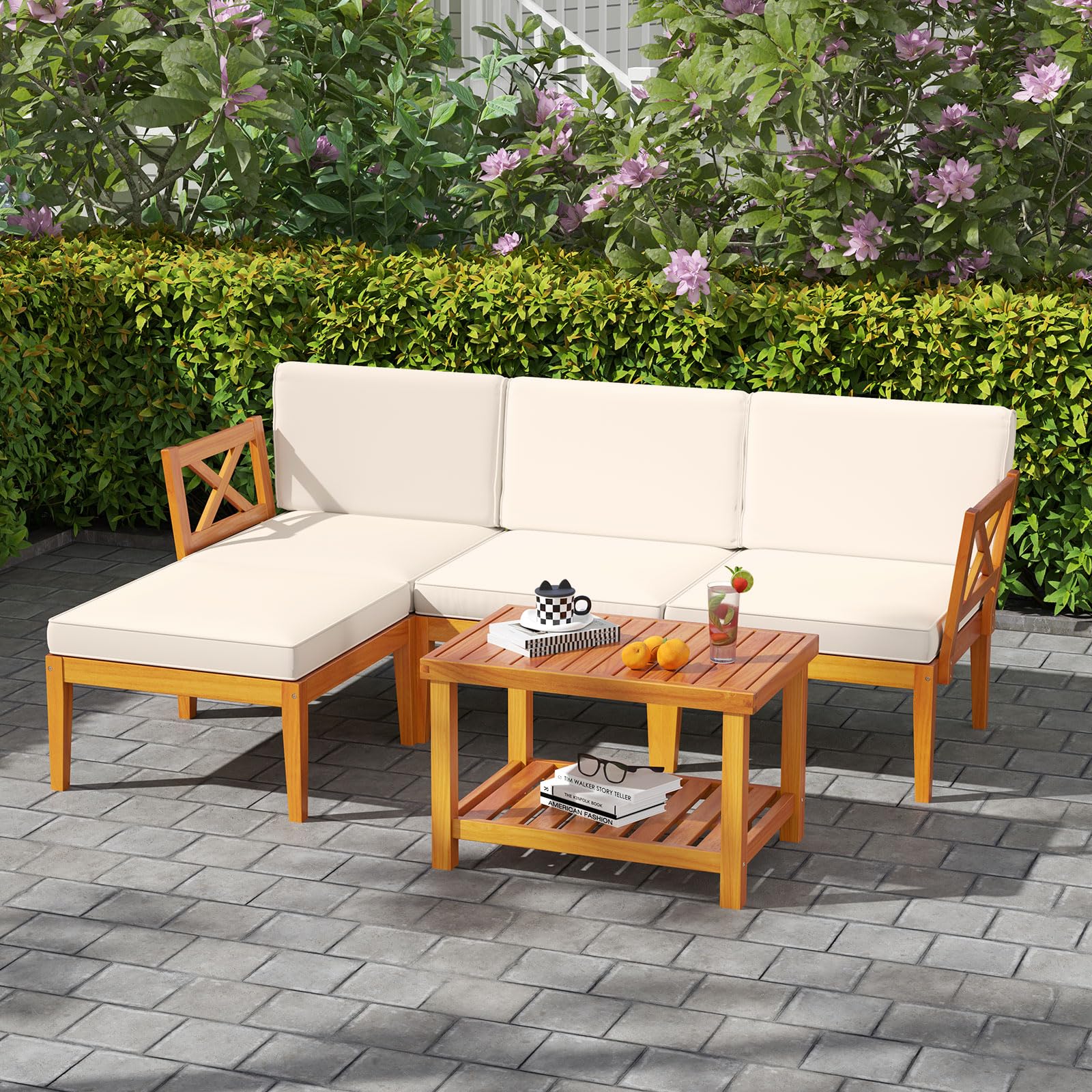 Tangkula L Shaped Outdoor Furniture Set, 5 Pieces Acacia Wood Patio Conversation Set for Garden, Backyard, Poolside (Off White) - Image 2