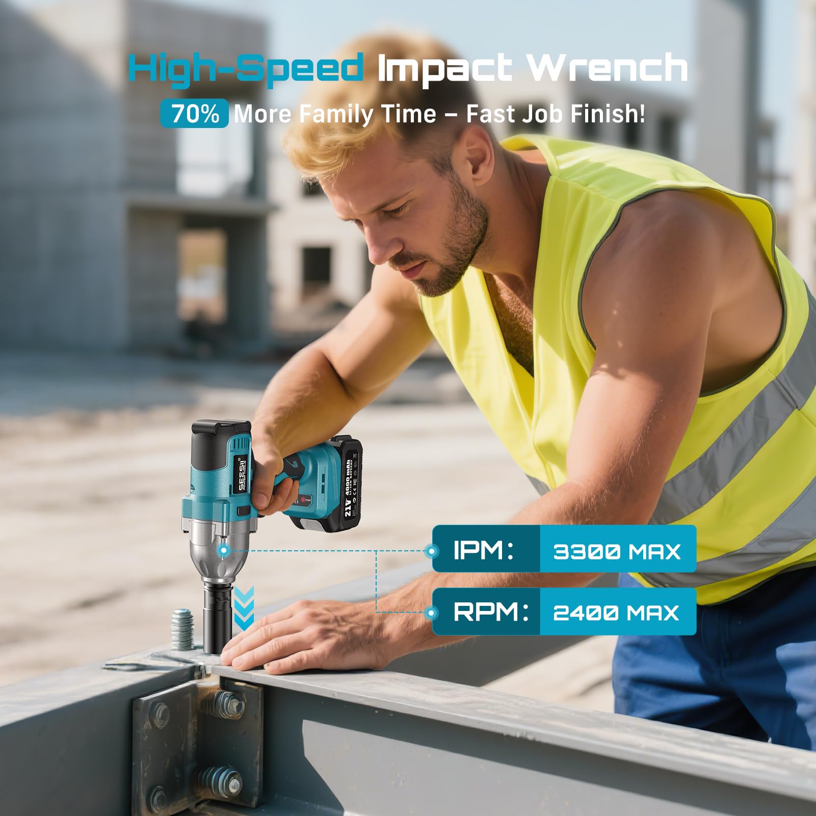 Seesii Impact Wrench 665 FT-LBS(900N.m) 3300IPM 1/2 Impact Gun High Torque Electric Impact Driver Cordless Impact Wrench with 21V 2x4.0Ah Battery 6 Sockets&Case for Home Car Tire Lug Nut Removal Tool - Image 3