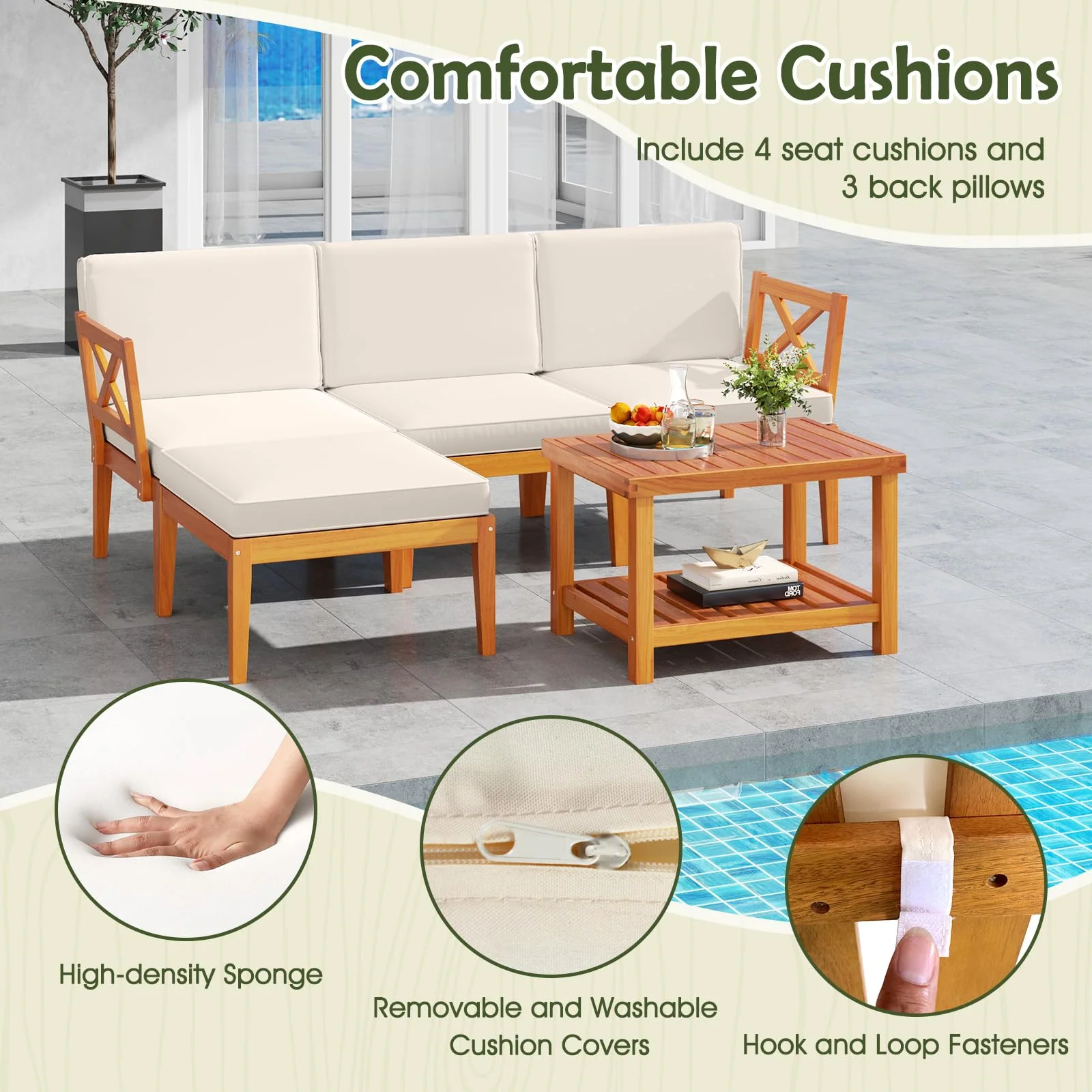 Tangkula L Shaped Outdoor Furniture Set, 5 Pieces Acacia Wood Patio Conversation Set for Garden, Backyard, Poolside (Off White) - Image 6