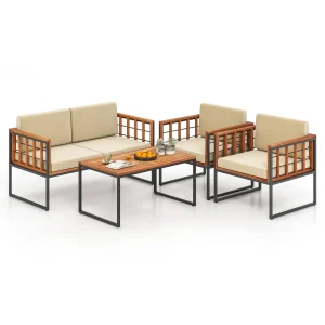 Tangkula Acacia Wood Outdoor Sofa Set, 4 Pieces Outdoor Furniture Set with Heavy Duty Metal Frame