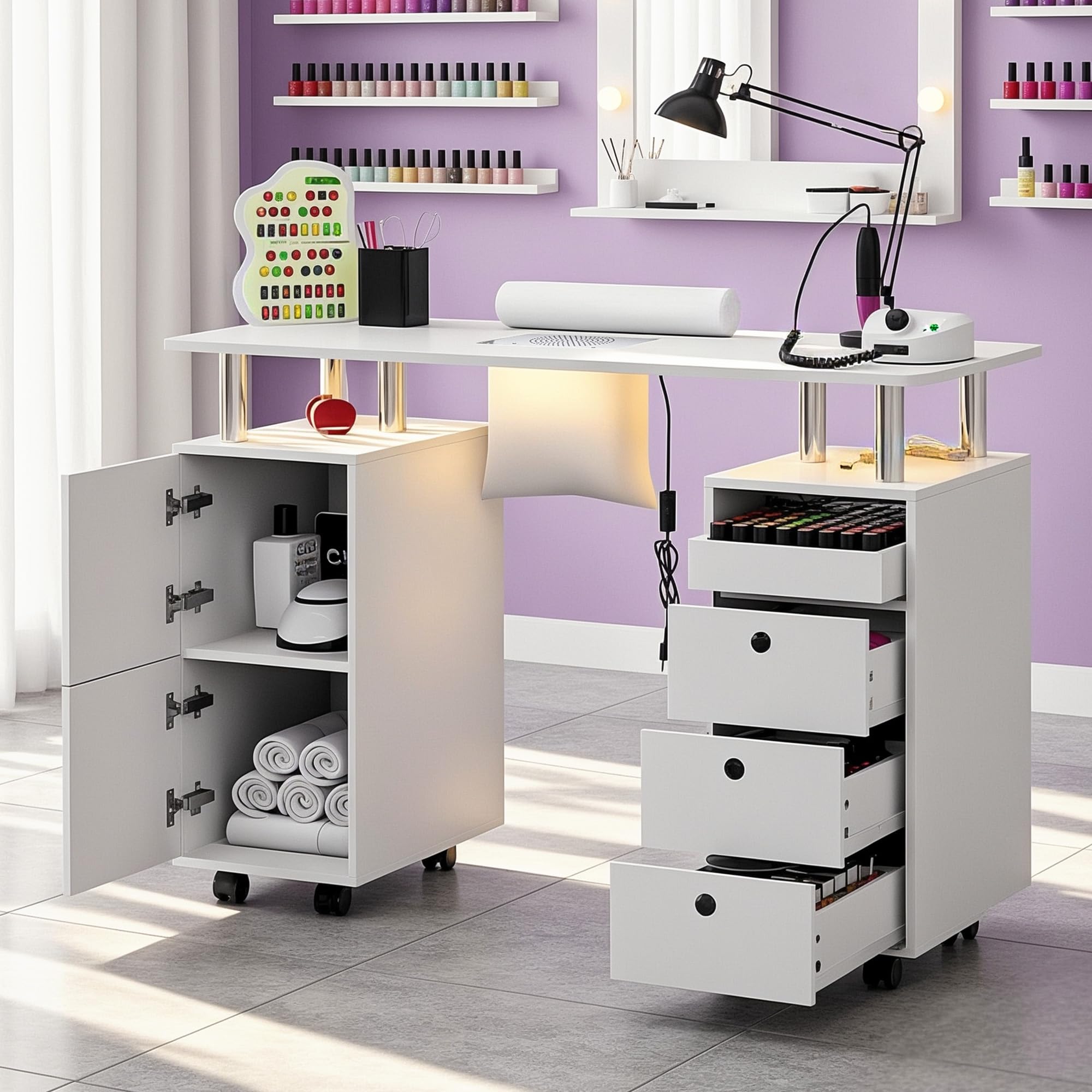 Nail Desk for Nail Tech w/Electric Dust Collector, Rolling Manicure Table w/Lockable Wheels, Storage Drawers, Wrist Cushion, Acetone Resistant, for Nail Beauty Salon Workstation (White) - Image 2