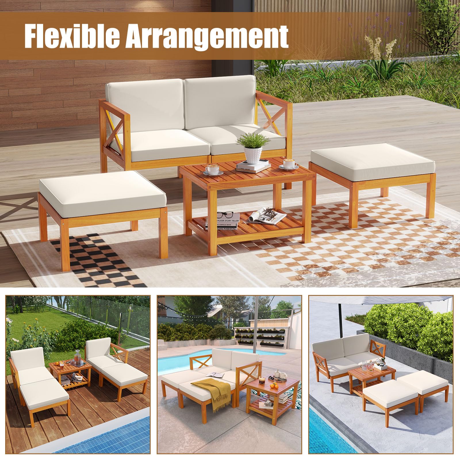Tangakula 5 Pieces Patio Lounge Chair Set w/Ottomans, Modular Outdoor Lounge Sofa Set for Lawn, Backyard, Poolside (Off White) - Image 4