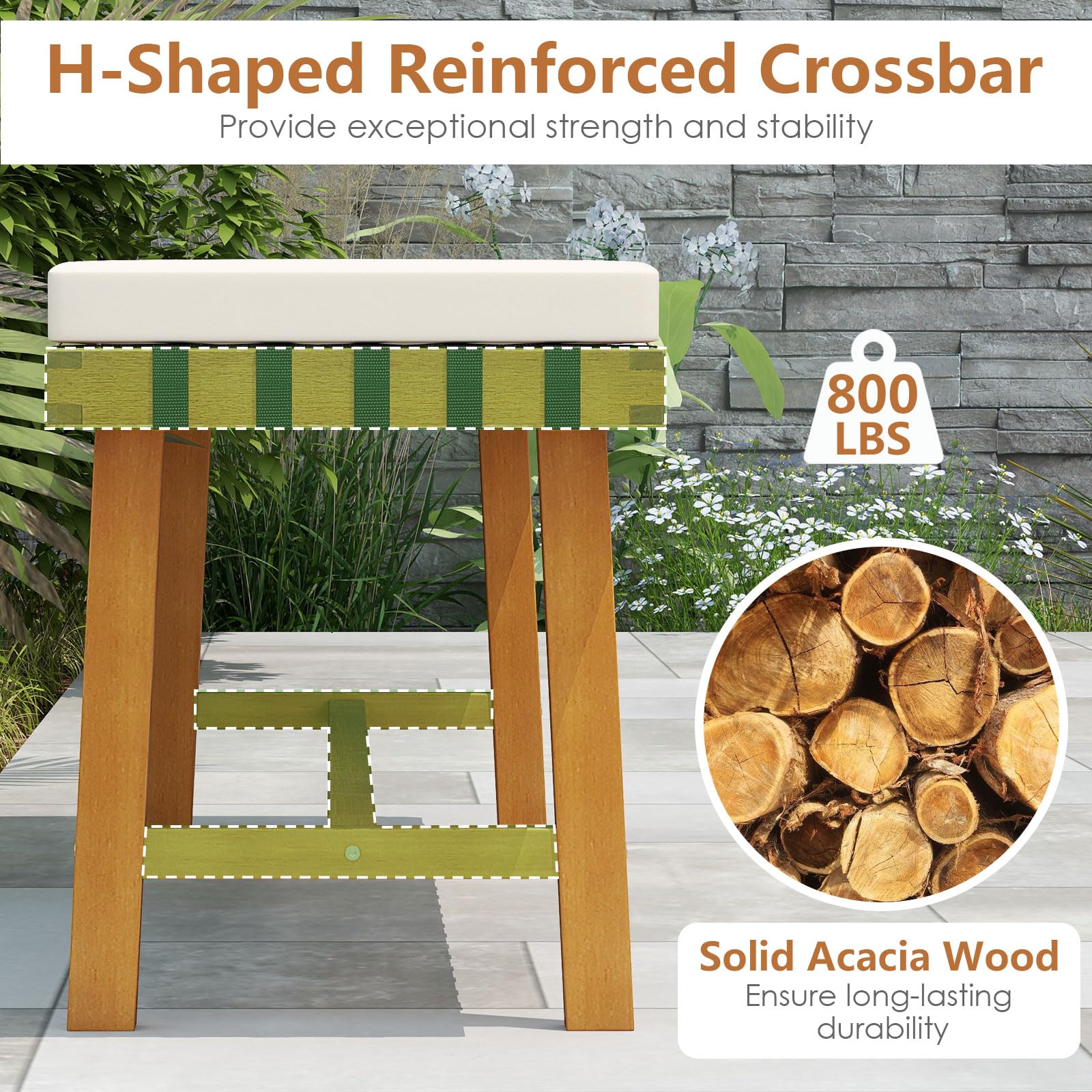 Tangkula 3 Piece Patio Dining Set 63” Outdoor Acacia Wood Rectangular Table with 2 Cushioned Bench - Image 7