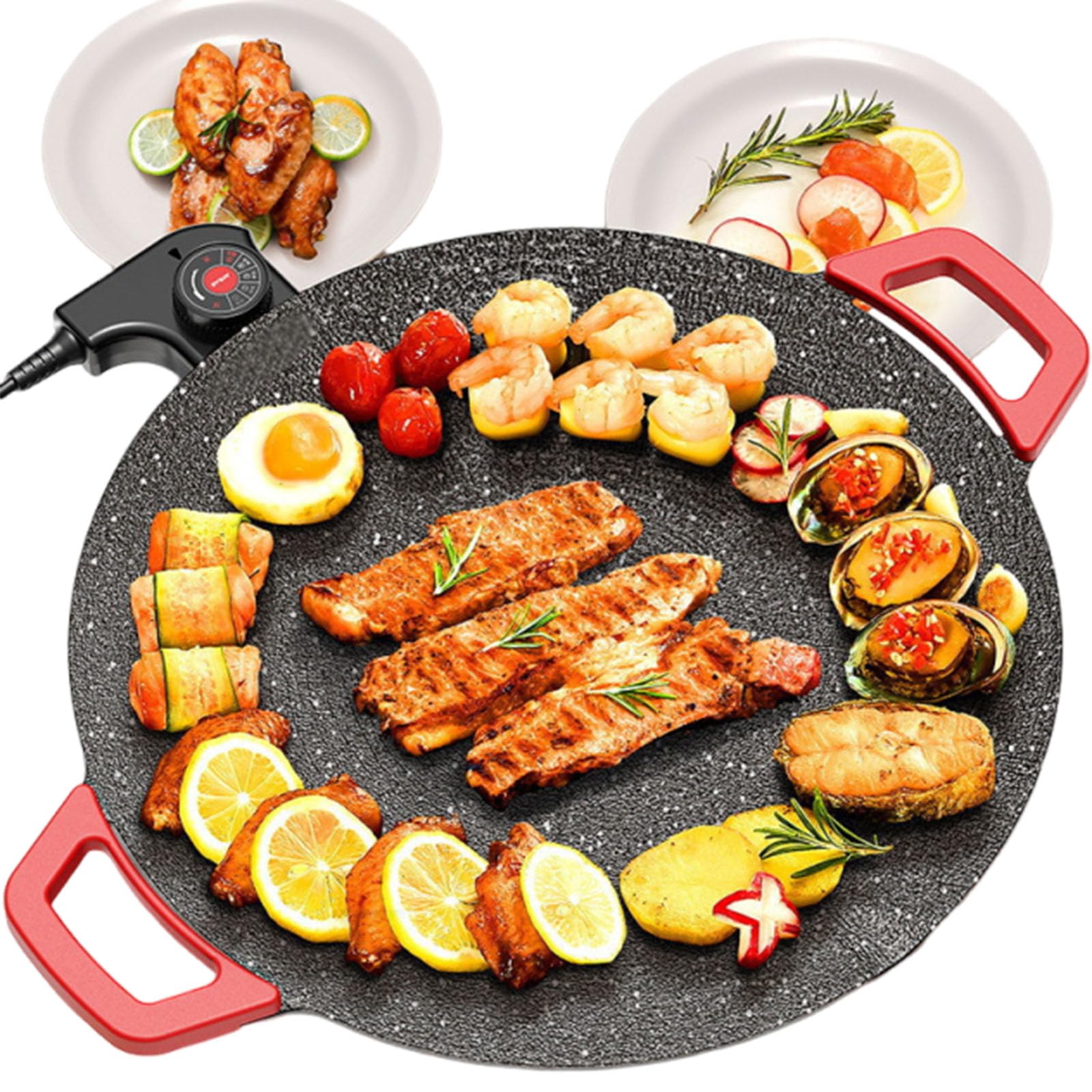 Comal Electrico Para Tortillas, Non-Stick Electric Indoor Grill Pan Non Stick Coating, Temperature Control, Smokeless, Dual Zone Cooking, 14 Inch Round Portable Griddle for Indoor BBQ Cooking